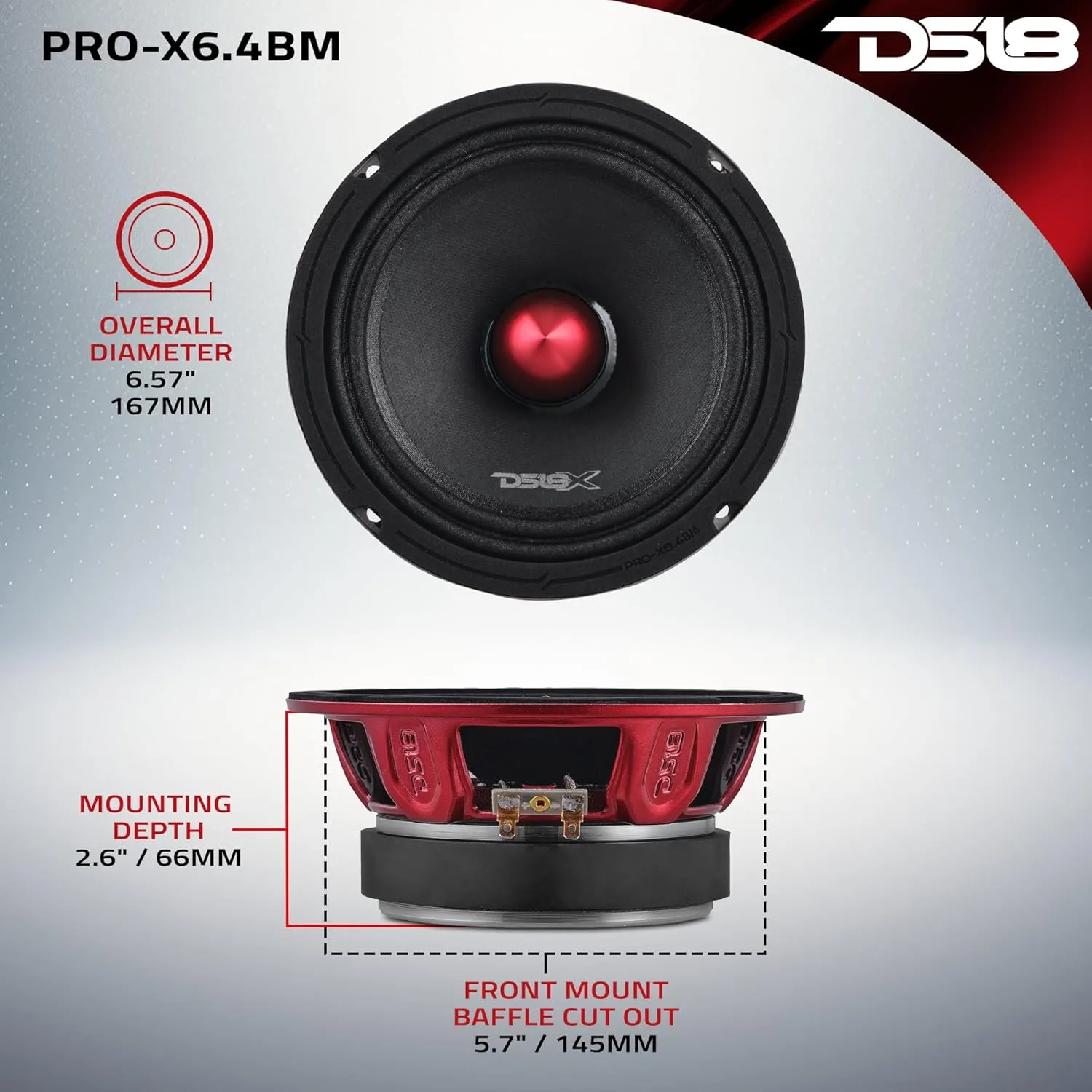 DS18 PRO-X6.4BM 6.5” Mid-Range Loudspeaker with Bullet 250 Watts RMS, 500 Watts Max Power, 4-Ohm - 6.5 inch Car Speakers for Pro Audio Builds