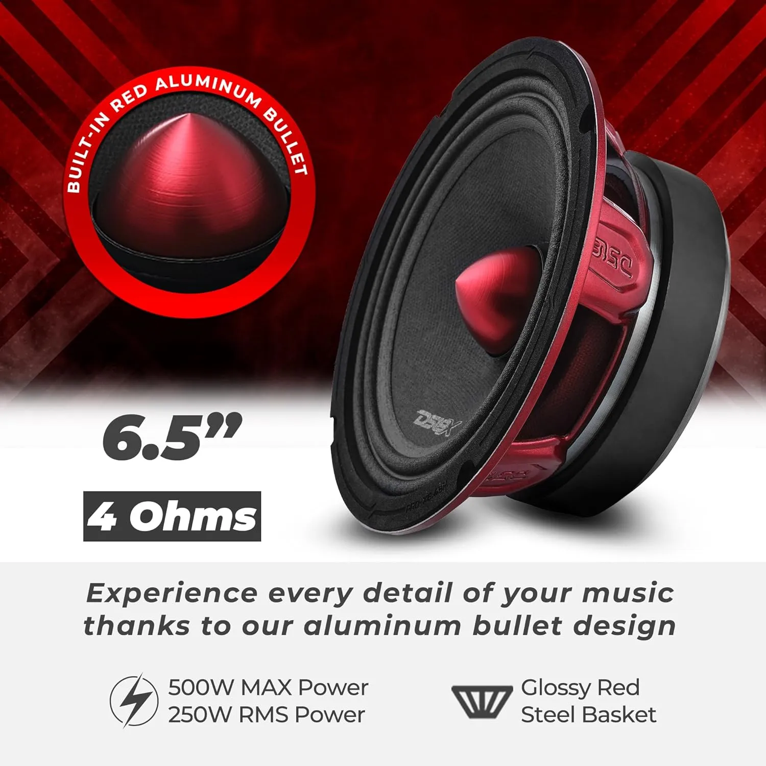 DS18 PRO-X6.4BM 6.5” Mid-Range Loudspeaker with Bullet 250 Watts RMS, 500 Watts Max Power, 4-Ohm - 6.5 inch Car Speakers for Pro Audio Builds