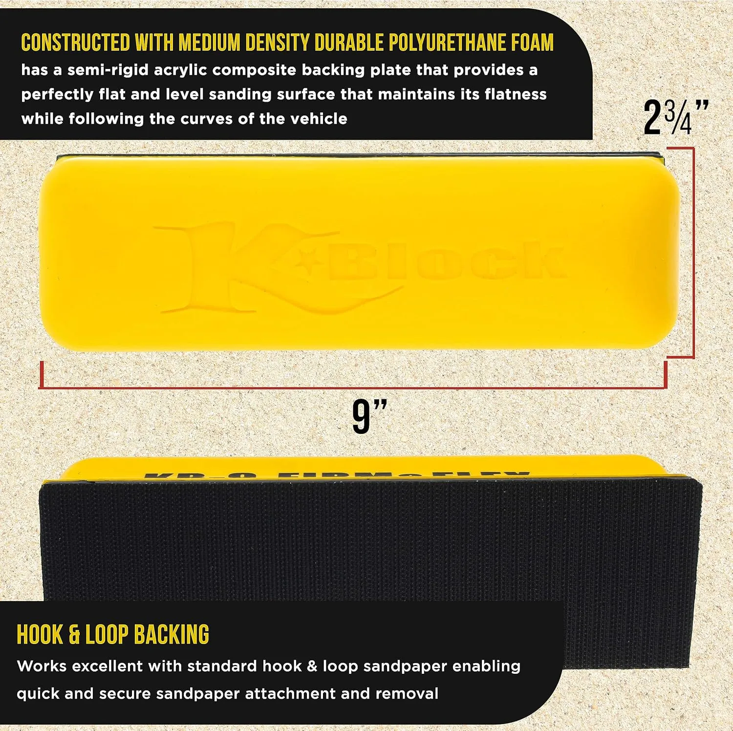 Dura-Gold Pro Series 9" K-Block Sander Firm & Flex Hand Sanding Block Pad with Hook & Loop Backing and PSA Sandpaper Conversion Adapter Pad - Automotive Paint Prep Sand Shape Contour Woodworking Wood