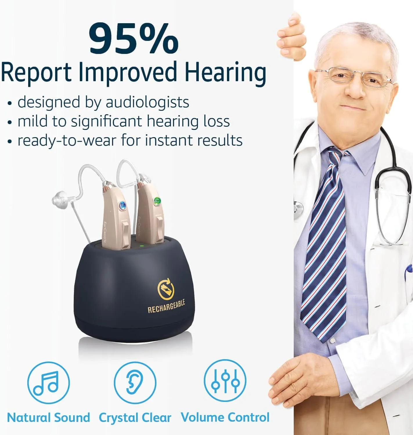 EarCentric EasyCharge Rechargeable Hearing Aids for Seniors Mid-Aged - Mild to Severe High Frequency Hearing Loss Aid OTC Sound Amplifiers - Magnetic Charger, 24x7 Customer Support [Light Beige-Pair]