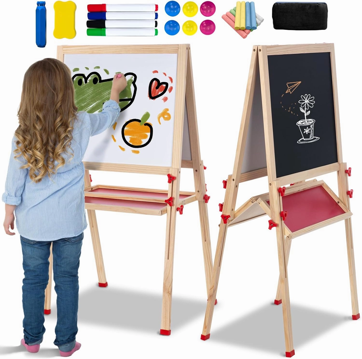 Easel for Kids, Foldable Wooden Art Easel Adjustable Height Chalkboard & Magnetic Whiteboard with Accessories for Boys & Girls Toddlers Ages 3-8 Ideal Birthday Present