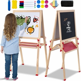 Easel for Kids, Foldable Wooden Art Easel Adjustable Height Chalkboard & Magnetic Whiteboard with Accessories for Boys & Girls Toddlers Ages 3-8 Ideal Birthday Present