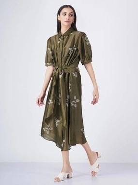 Eco olive leaf print puff sleeve dress