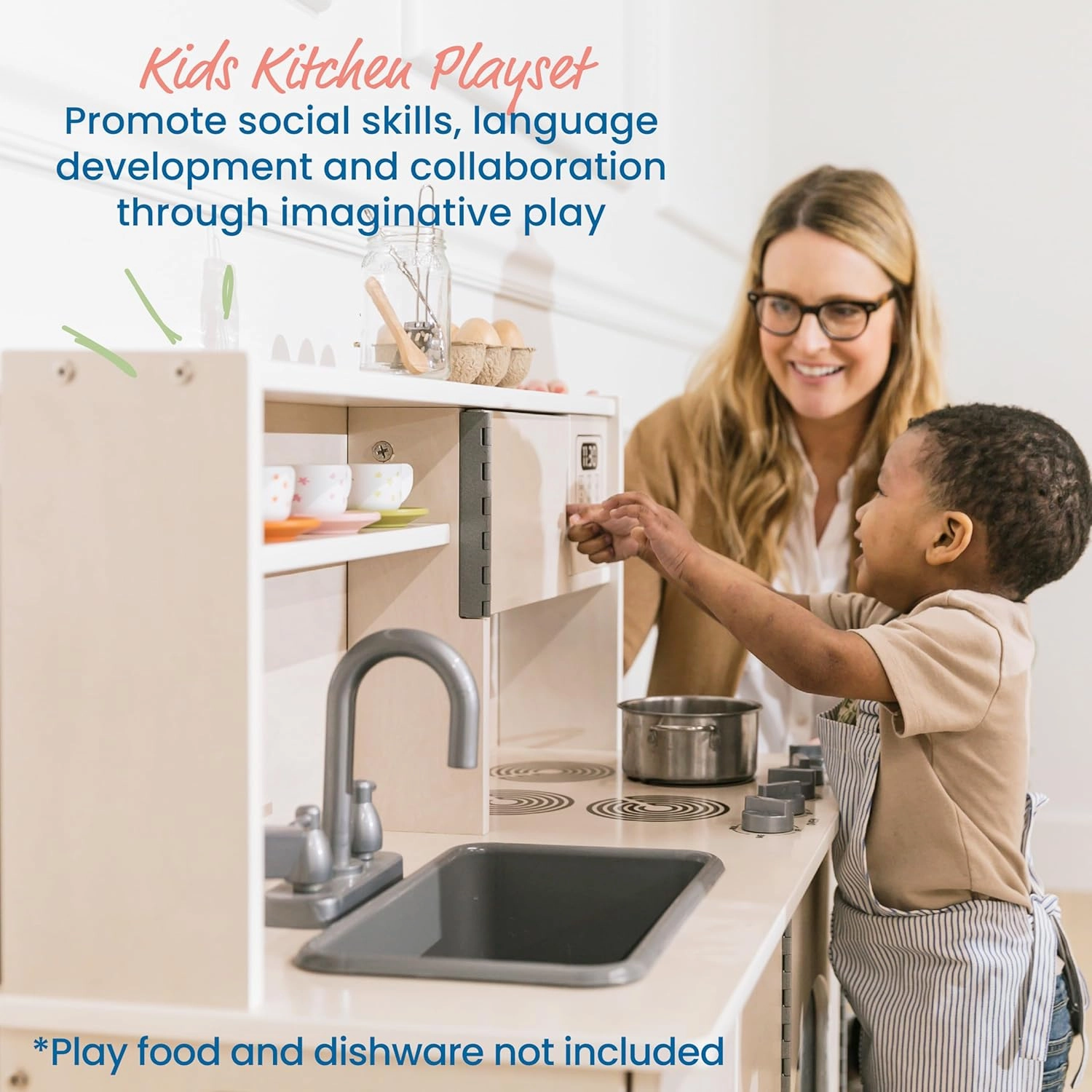ECR4Kids 4-in-1 Kitchen, Sink, Stove, Oven, Microwave and Storage, Play Kitchen, White Wash