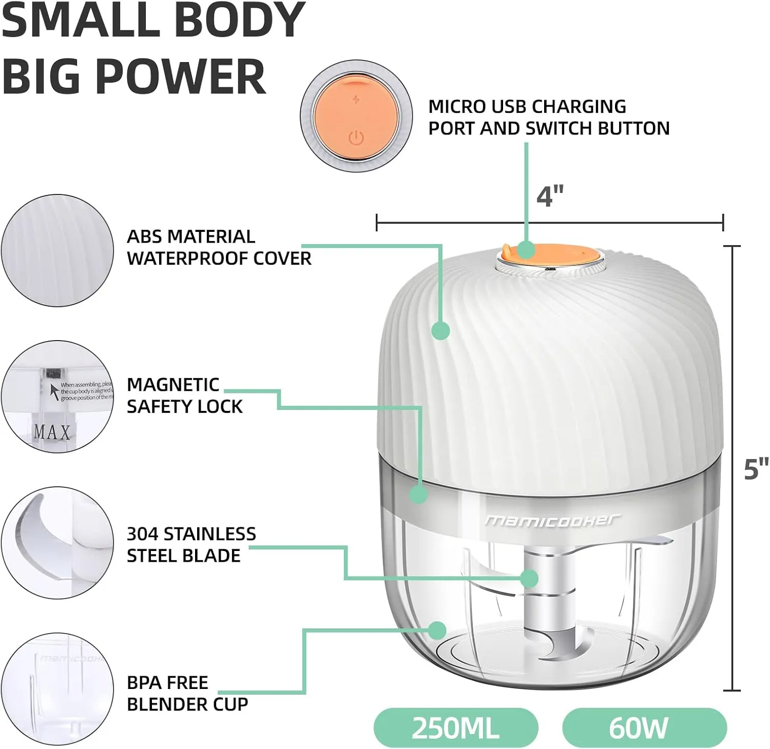 Electric Garlic Chopper, Mini Portable Veggie Chopper, 250ML Garlic Grinder Masher Onion Chopper, Blender to Vegetable, Wireless Food Processor for Ginger, Chili, Fruit, Meat, etc