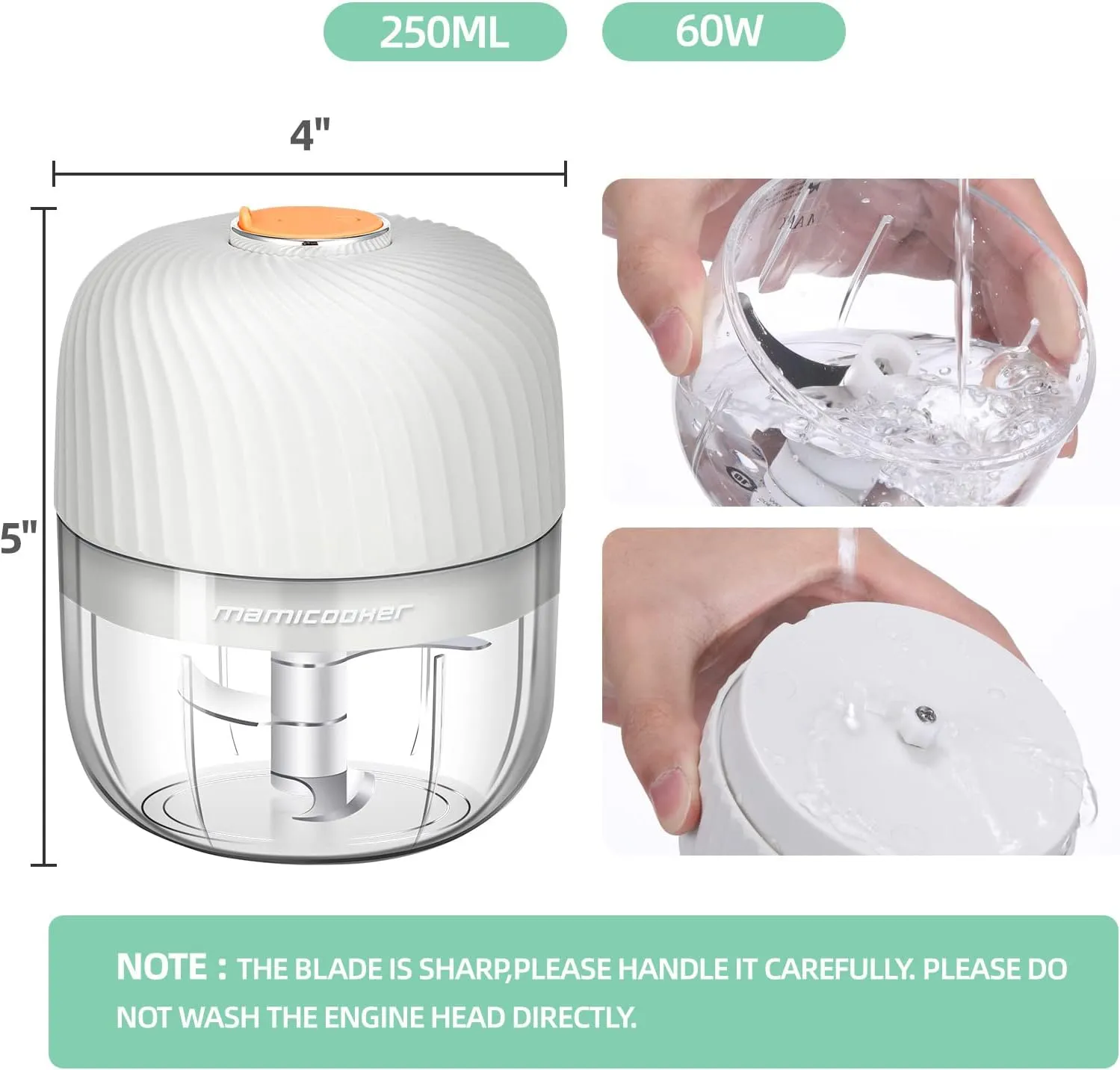 Electric Garlic Chopper, Mini Portable Veggie Chopper, 250ML Garlic Grinder Masher Onion Chopper, Blender to Vegetable, Wireless Food Processor for Ginger, Chili, Fruit, Meat, etc