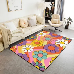 Erosebridal Kids Cute Flowers Living Room Rugs 6'6" x 4'11",Girls Colorful Groovy Floral Area Rugs for Bedside Playroom,Groovy Room Decor Rainbow Stripes Carpet,60S 70S Hippie Non Shedding Accent Rug