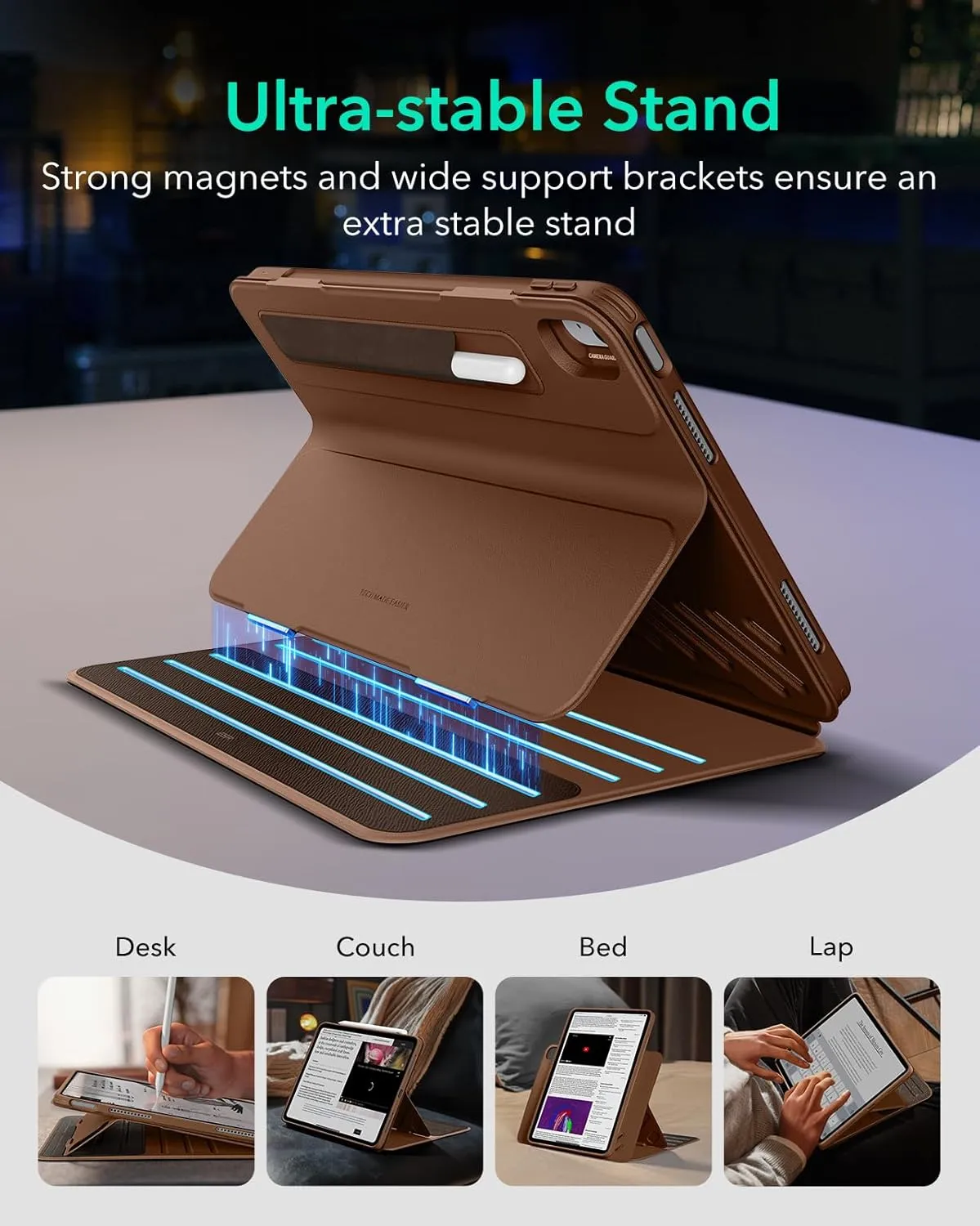 ESR for iPad Air 11 Inch Case M2(2024), iPad Air 6th/5th/4th Gen Case (2024/2022/2020), Removable Magnetic Cover, Adjustable Portrait/Landscape Stand with Raised Screen View, 9 Standing Angles, Brown