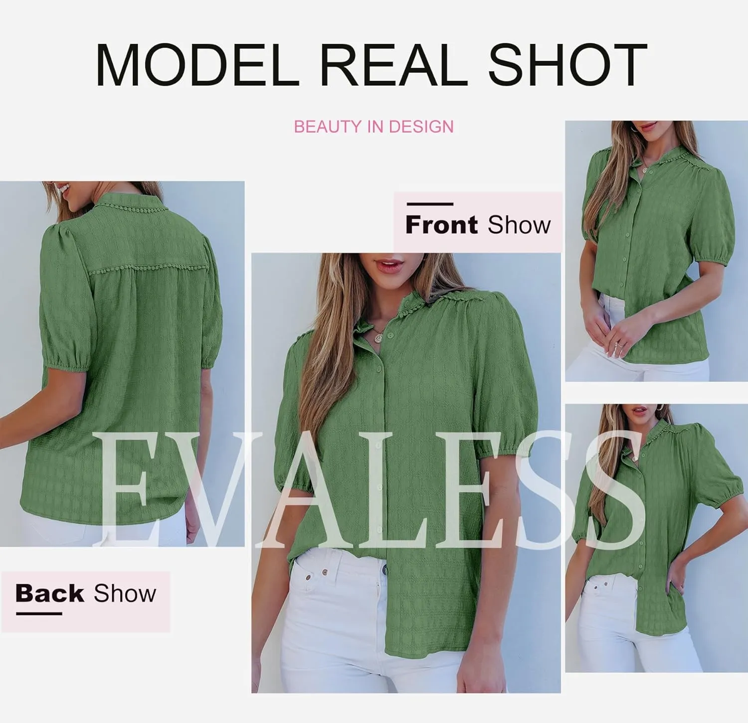 EVALESS Womens Button Down Shirts Cute Short Puff Sleeve V Neck Tops Spring Summer Blouses for Women Dressy Casual