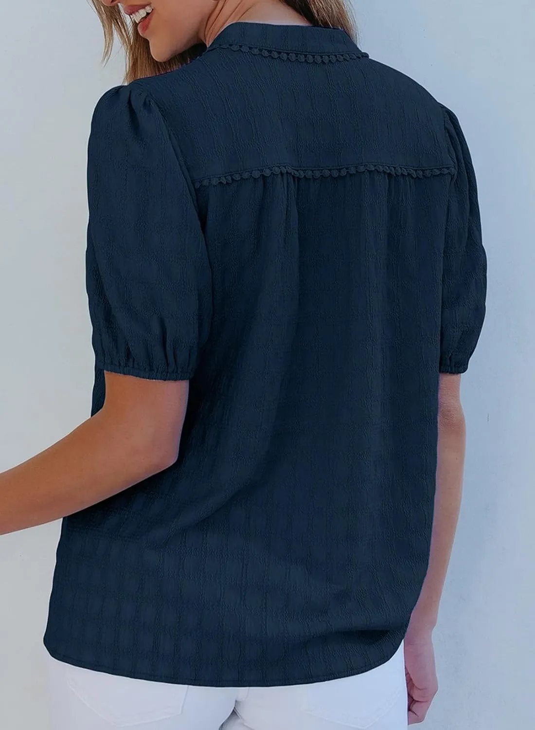 EVALESS Womens Button Down Shirts Cute Short Puff Sleeve V Neck Tops Spring Summer Blouses for Women Dressy Casual