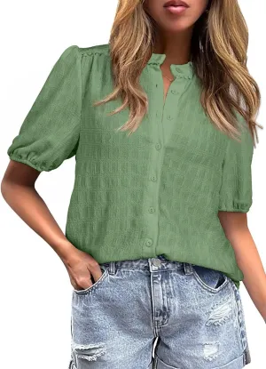 EVALESS Womens Button Down Shirts Cute Short Puff Sleeve V Neck Tops Spring Summer Blouses for Women Dressy Casual