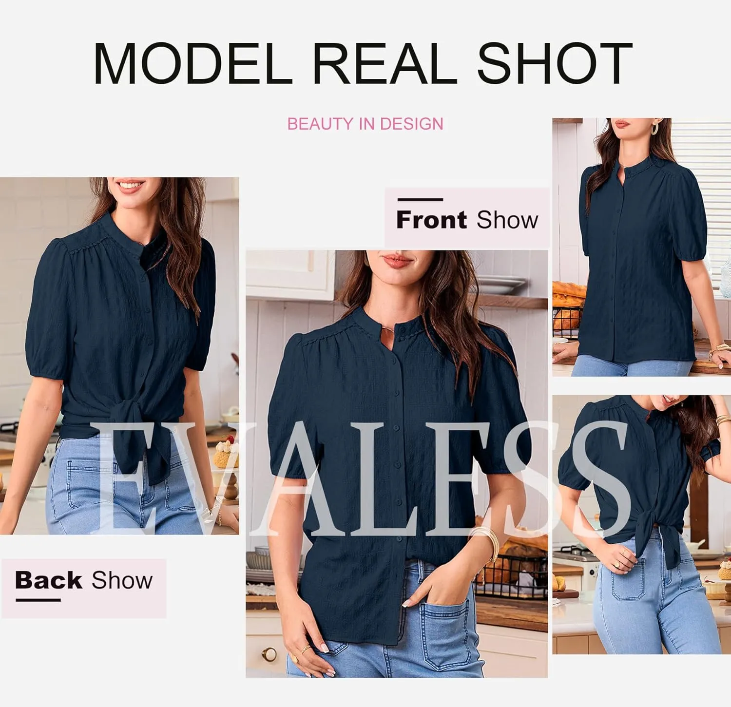 EVALESS Womens Button Down Shirts Cute Short Puff Sleeve V Neck Tops Spring Summer Blouses for Women Dressy Casual