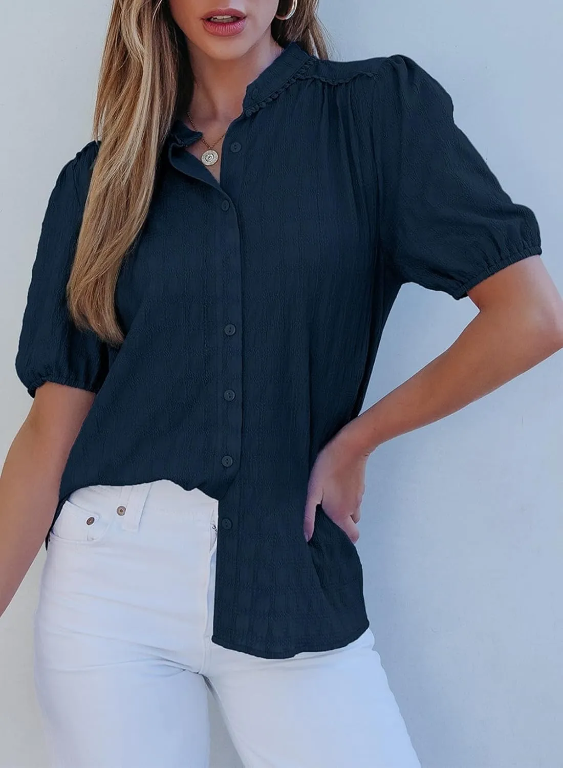 EVALESS Womens Button Down Shirts Cute Short Puff Sleeve V Neck Tops Spring Summer Blouses for Women Dressy Casual