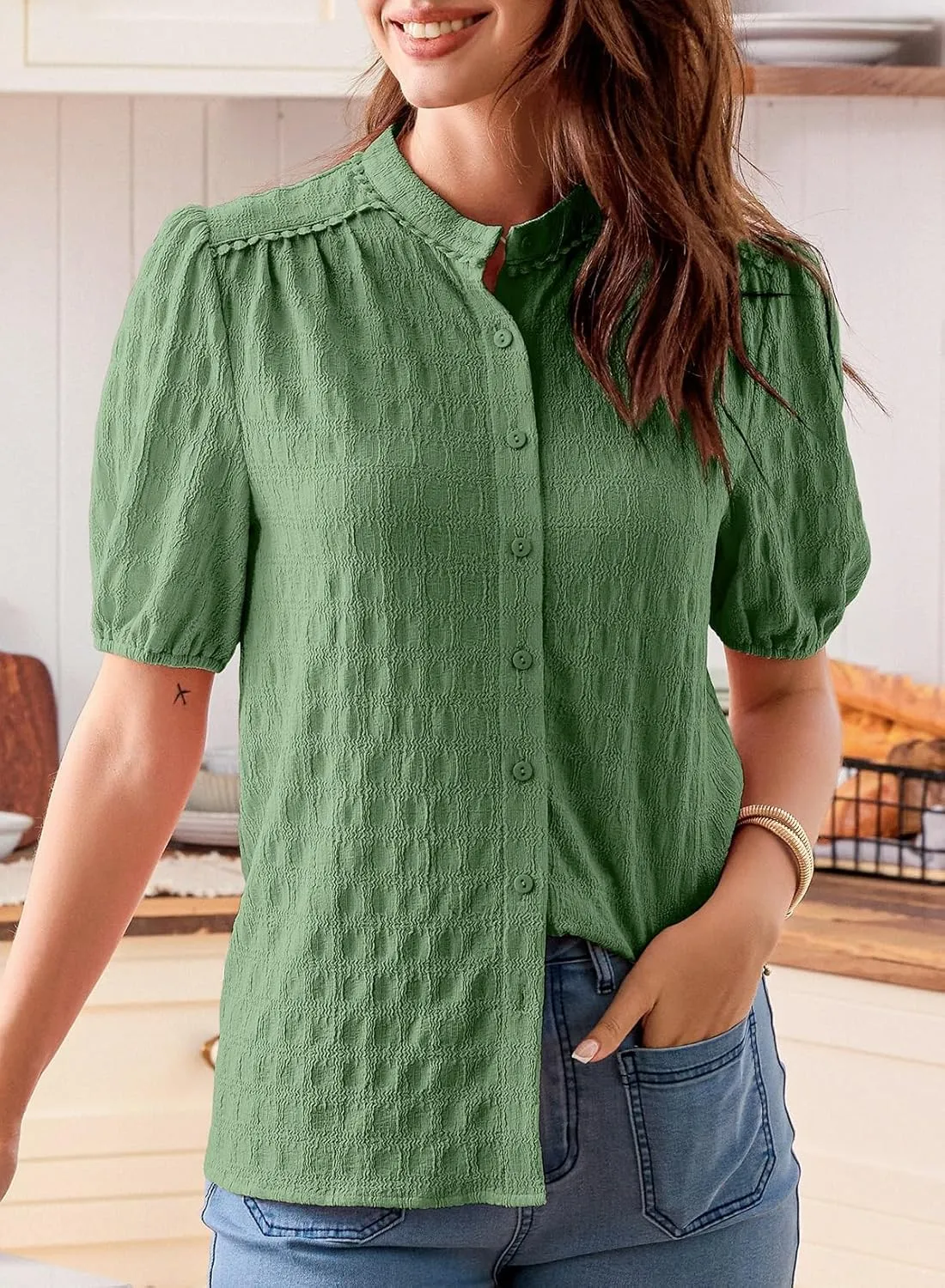 EVALESS Womens Button Down Shirts Cute Short Puff Sleeve V Neck Tops Spring Summer Blouses for Women Dressy Casual