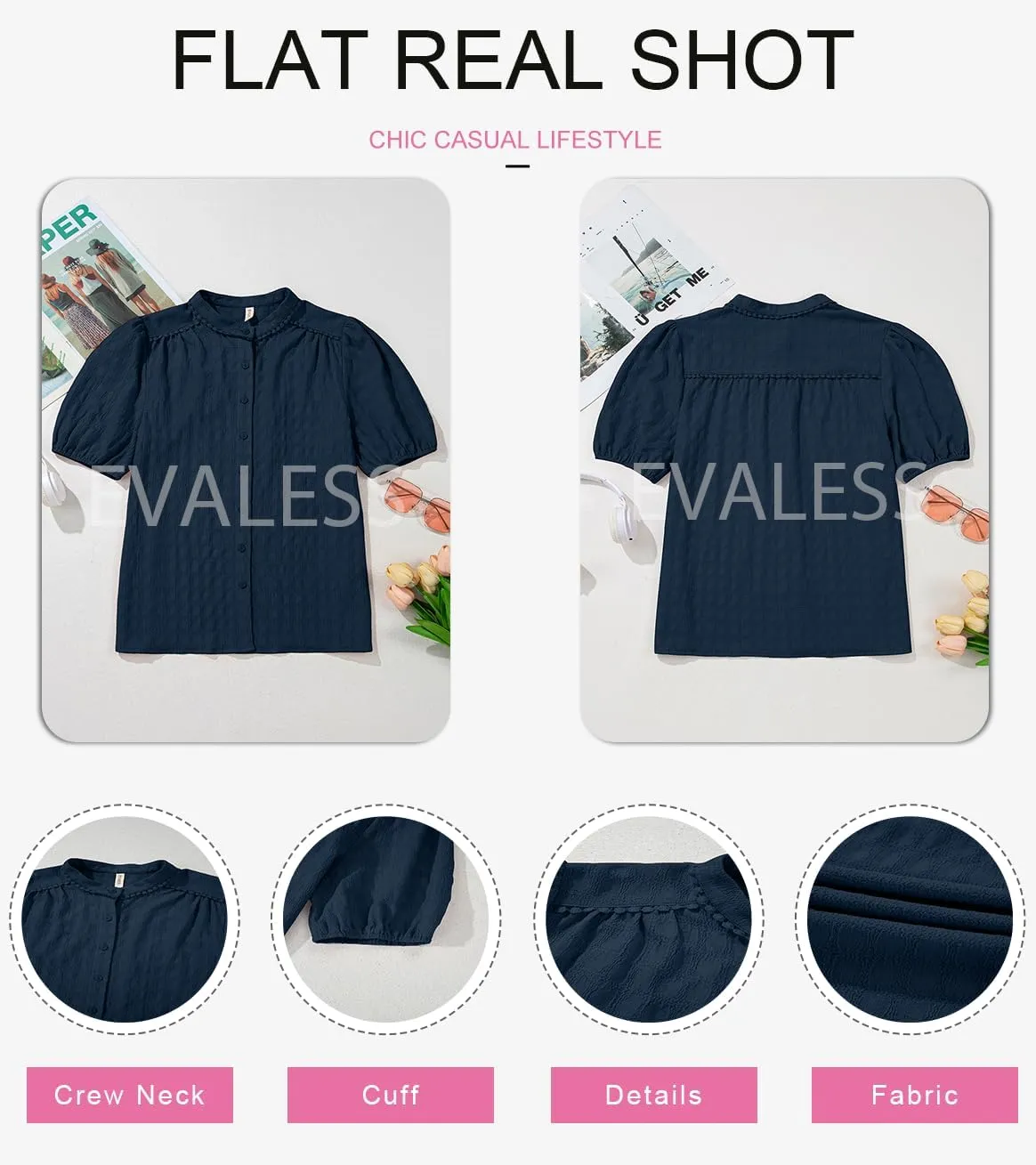 EVALESS Womens Button Down Shirts Cute Short Puff Sleeve V Neck Tops Spring Summer Blouses for Women Dressy Casual