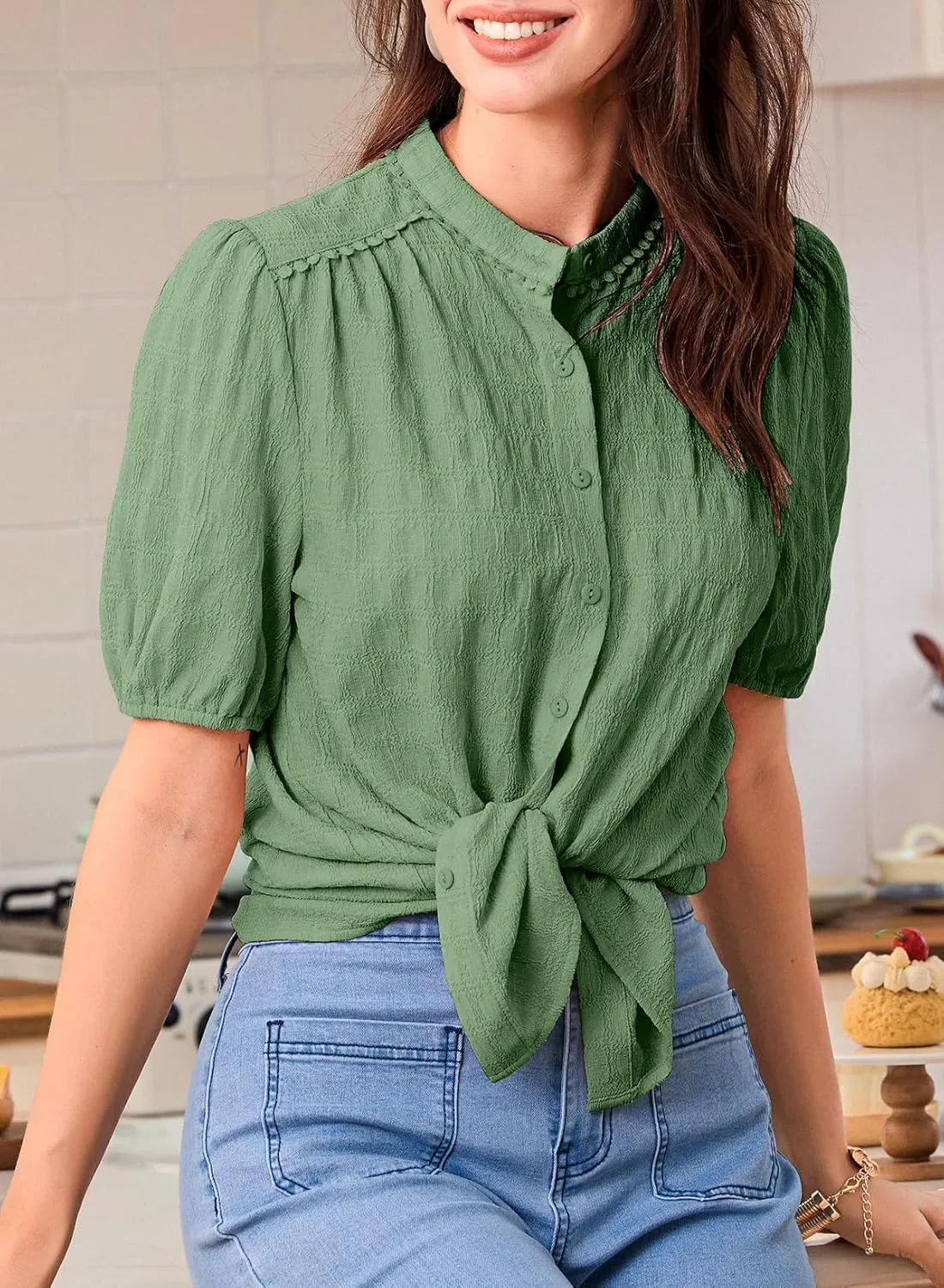 EVALESS Womens Button Down Shirts Cute Short Puff Sleeve V Neck Tops Spring Summer Blouses for Women Dressy Casual