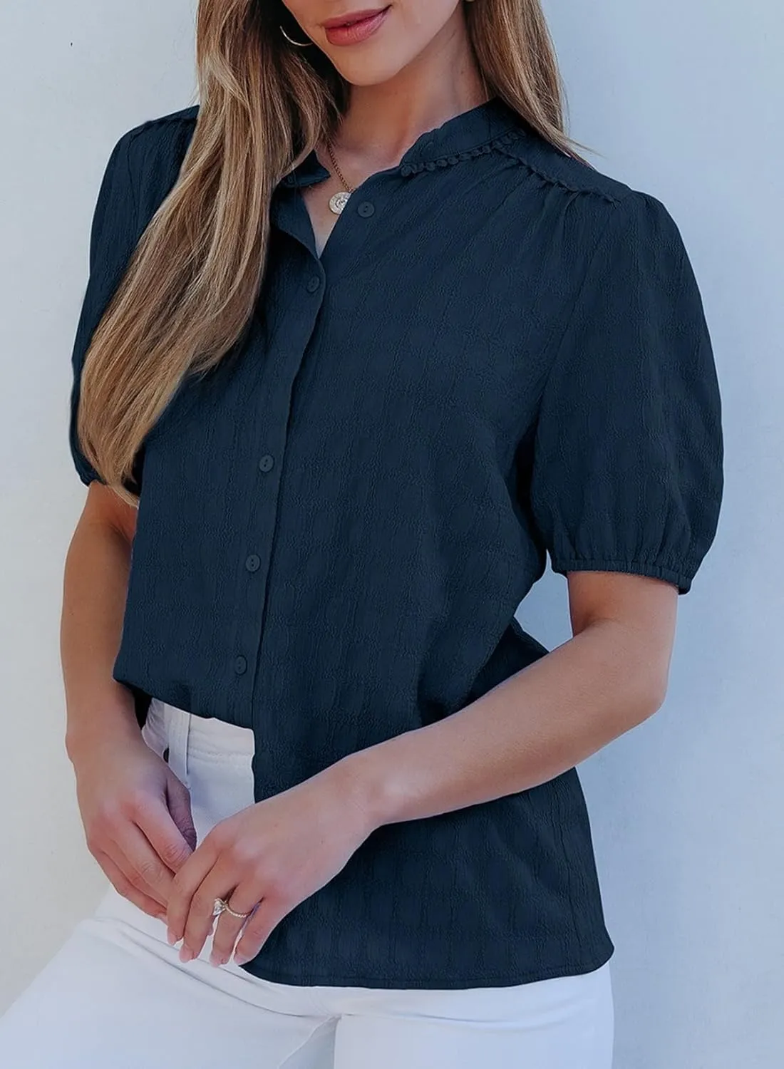 EVALESS Womens Button Down Shirts Cute Short Puff Sleeve V Neck Tops Spring Summer Blouses for Women Dressy Casual