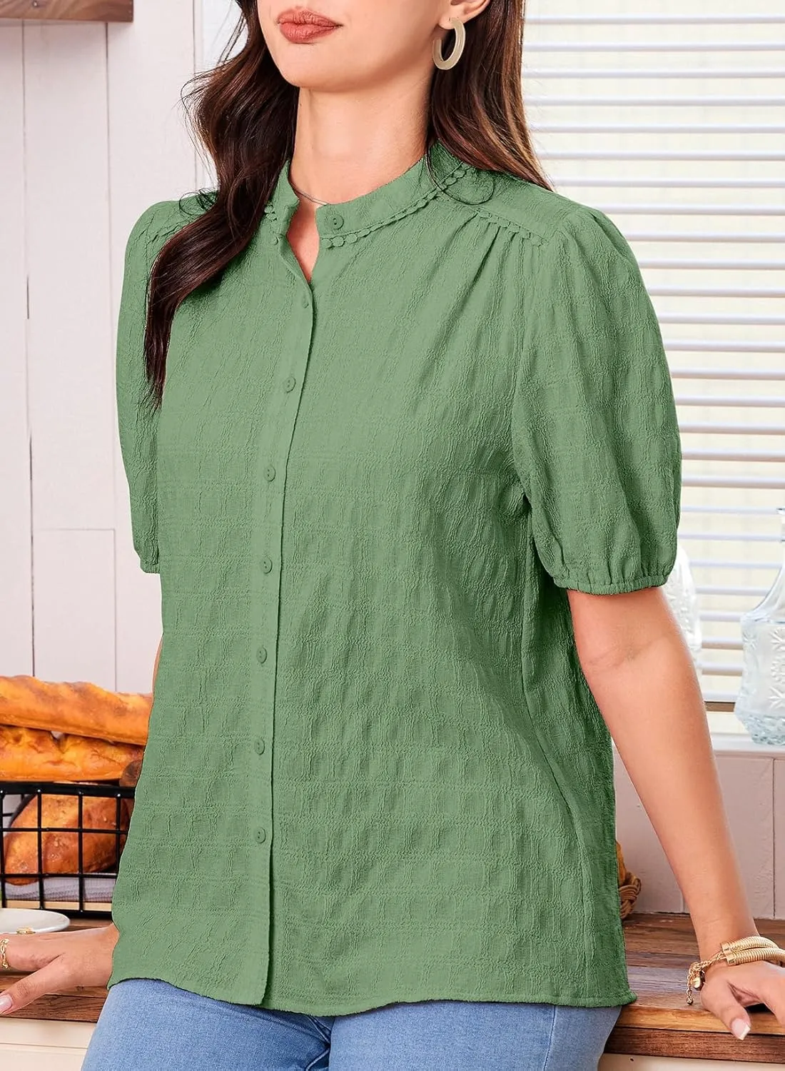 EVALESS Womens Button Down Shirts Cute Short Puff Sleeve V Neck Tops Spring Summer Blouses for Women Dressy Casual