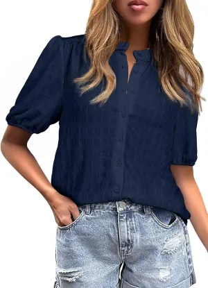 EVALESS Womens Button Down Shirts Cute Short Puff Sleeve V Neck Tops Spring Summer Blouses for Women Dressy Casual