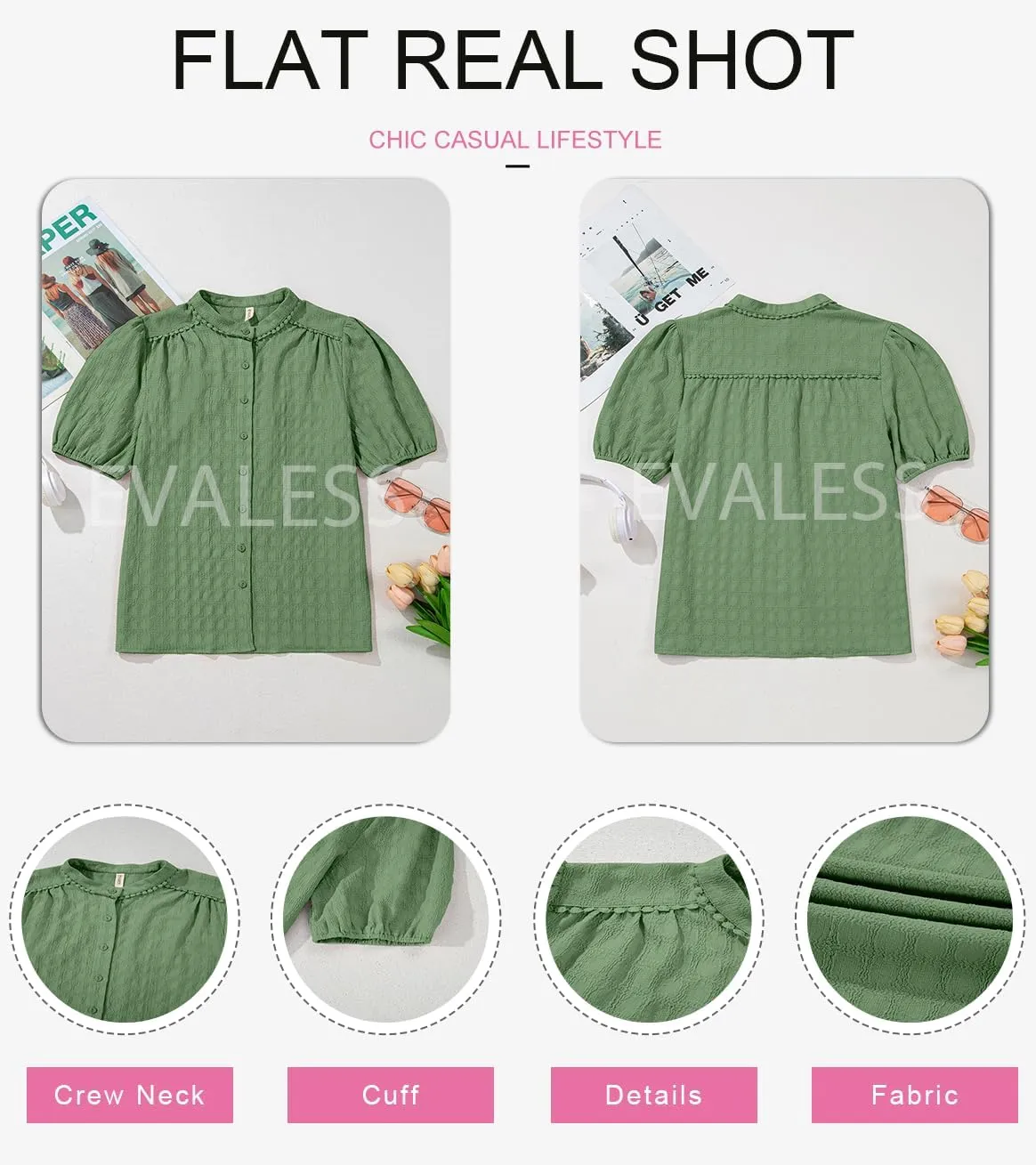 EVALESS Womens Button Down Shirts Cute Short Puff Sleeve V Neck Tops Spring Summer Blouses for Women Dressy Casual