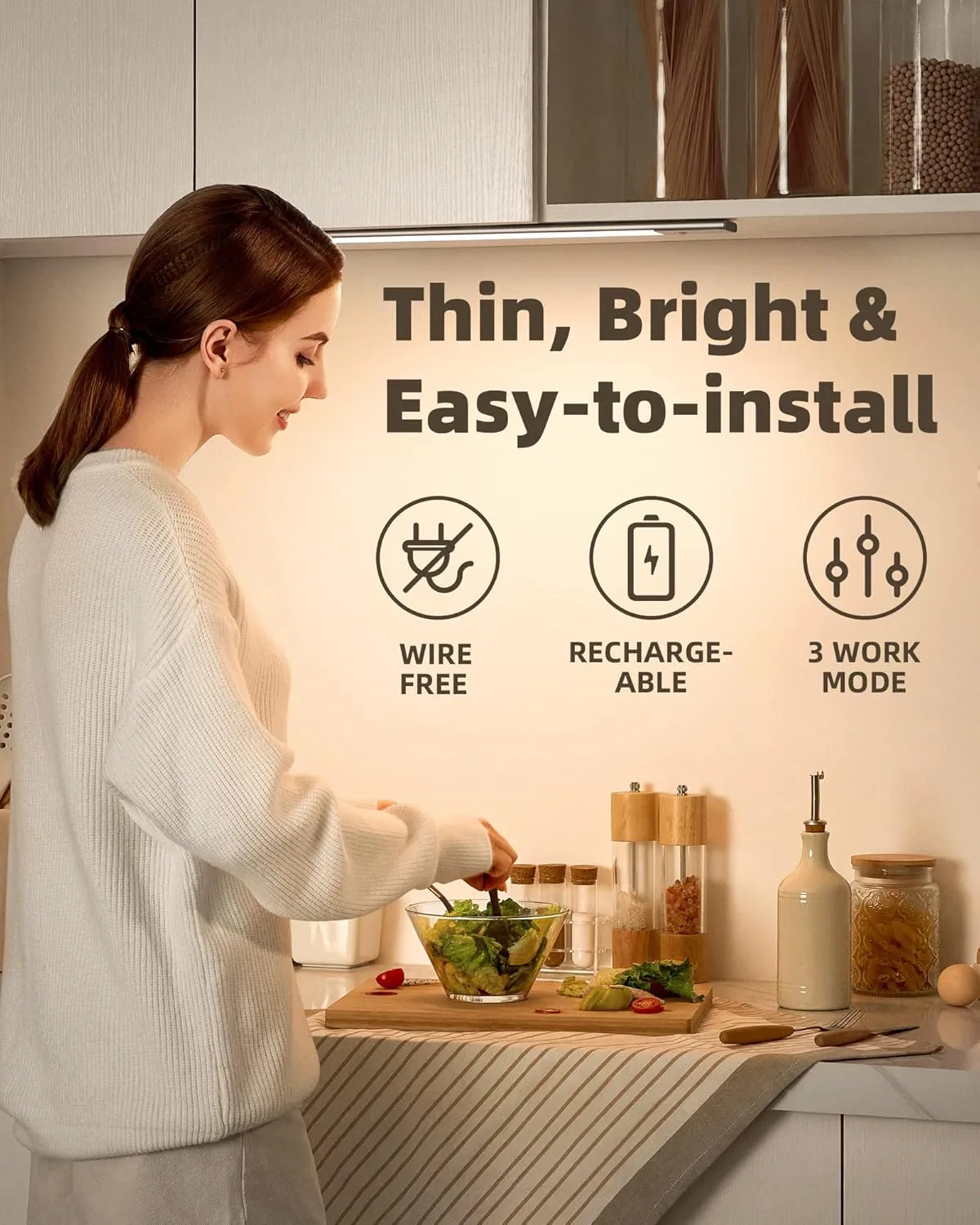 EZVALO Under Cabinet Lighting, 2200mAh Rechargeable Battery, 76 LEDs Dimmable Closet Lights, 3 Color Temps, Motion Sensor Light Indoor for Kitchen, Wardrobe