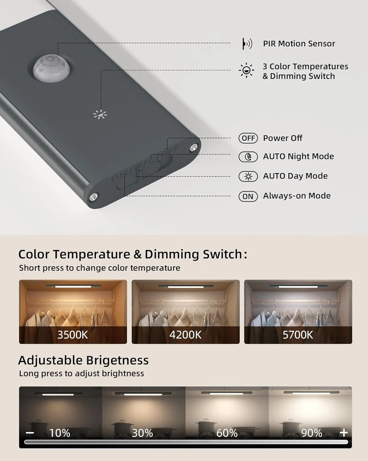 EZVALO Under Cabinet Lighting, Motion Sensor Lights with 2 Detachable Batteries, 76 LED Dimmable Closet Lights, 3 Color Temps, Under Counter Lights for Kitchen, Wardrobe