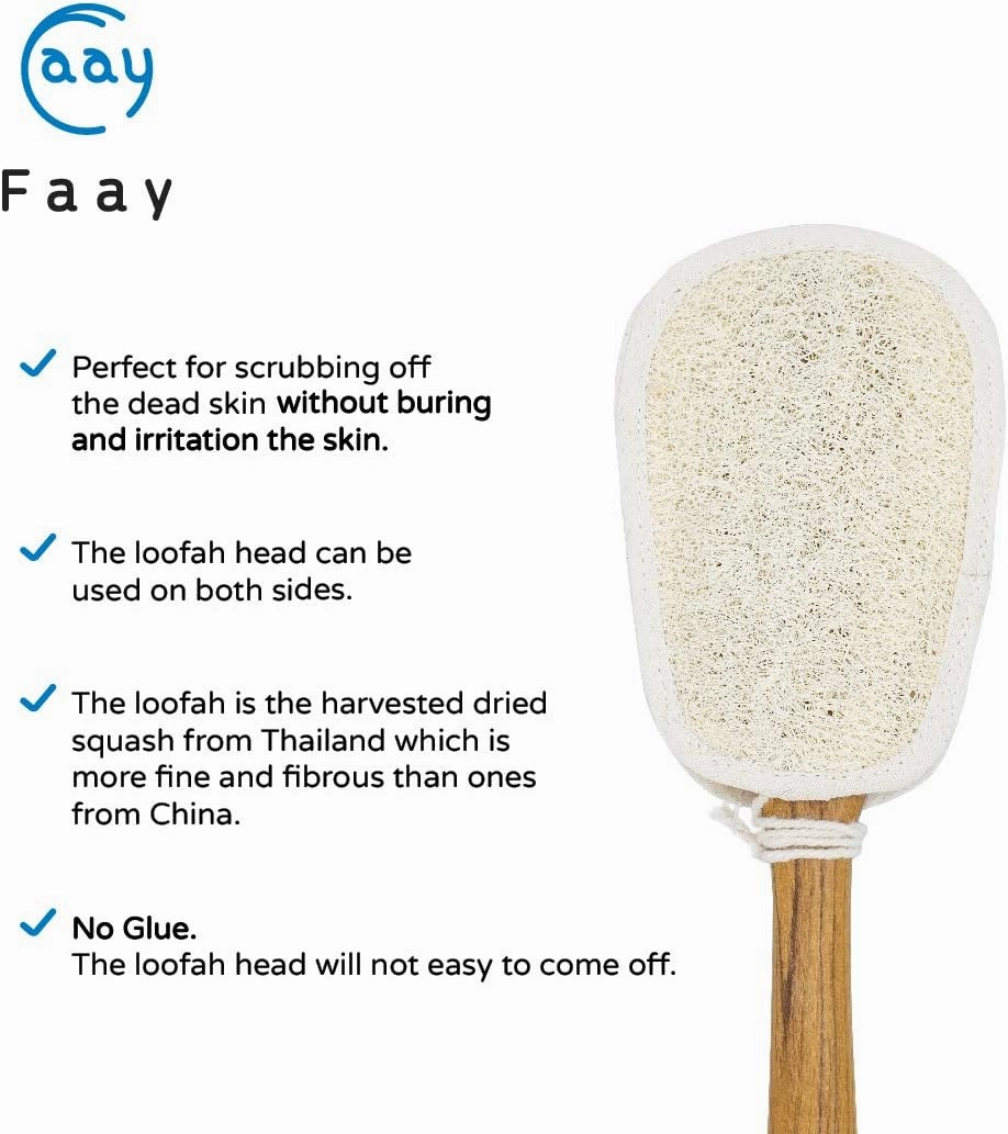 FAAY 17 Inch Natural Exfoliating Loofah Back Scrubber On a Stick with Luffa Sponge Pads Refills – Long Handle Loofa Body Bath & Shower Brush for Men & Women