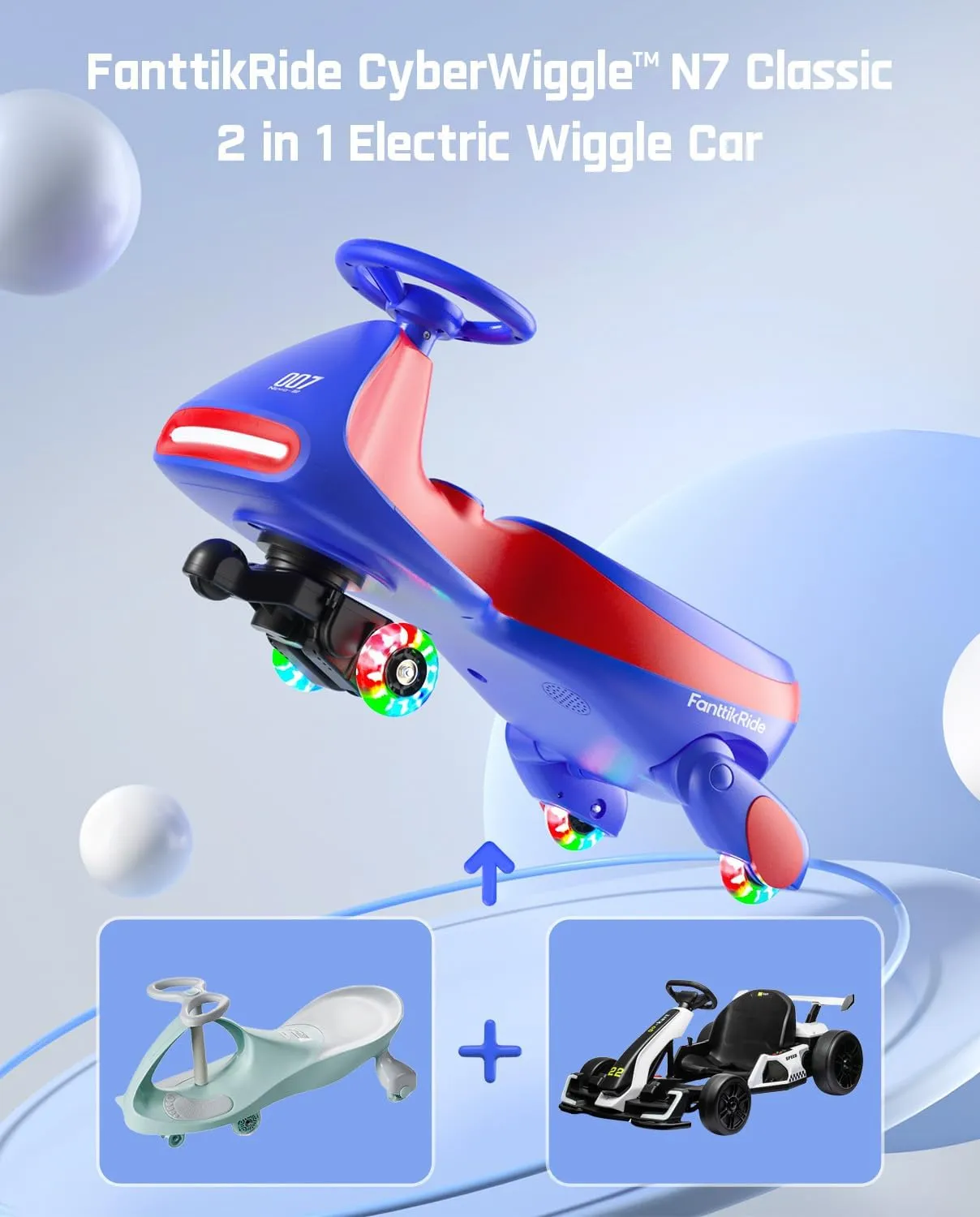 FanttikRide 6V N7 Classic Electric Wiggle Car with Pedal, Rechargeable Battery, CyberWiggle, 2 in 1 Swing Car, 2 Speed, Anti-Rollover, Flashing Wheels, Bluetooth, for Ages 3 and Up, 150 Lbs, Blue