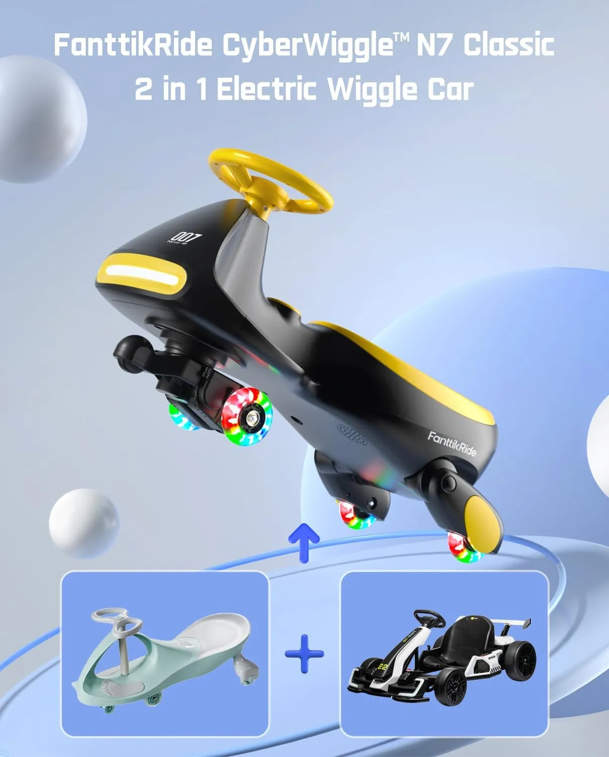 FanttikRide 6V N7 Classic Electric Wiggle Car with Pedal, Rechargeable Battery, CyberWiggle, 2 in 1 Swing Car, 2 Speed, Anti-Rollover, Flashing Wheels, Bluetooth, for Ages 3 and Up, 150 Lbs, Yellow