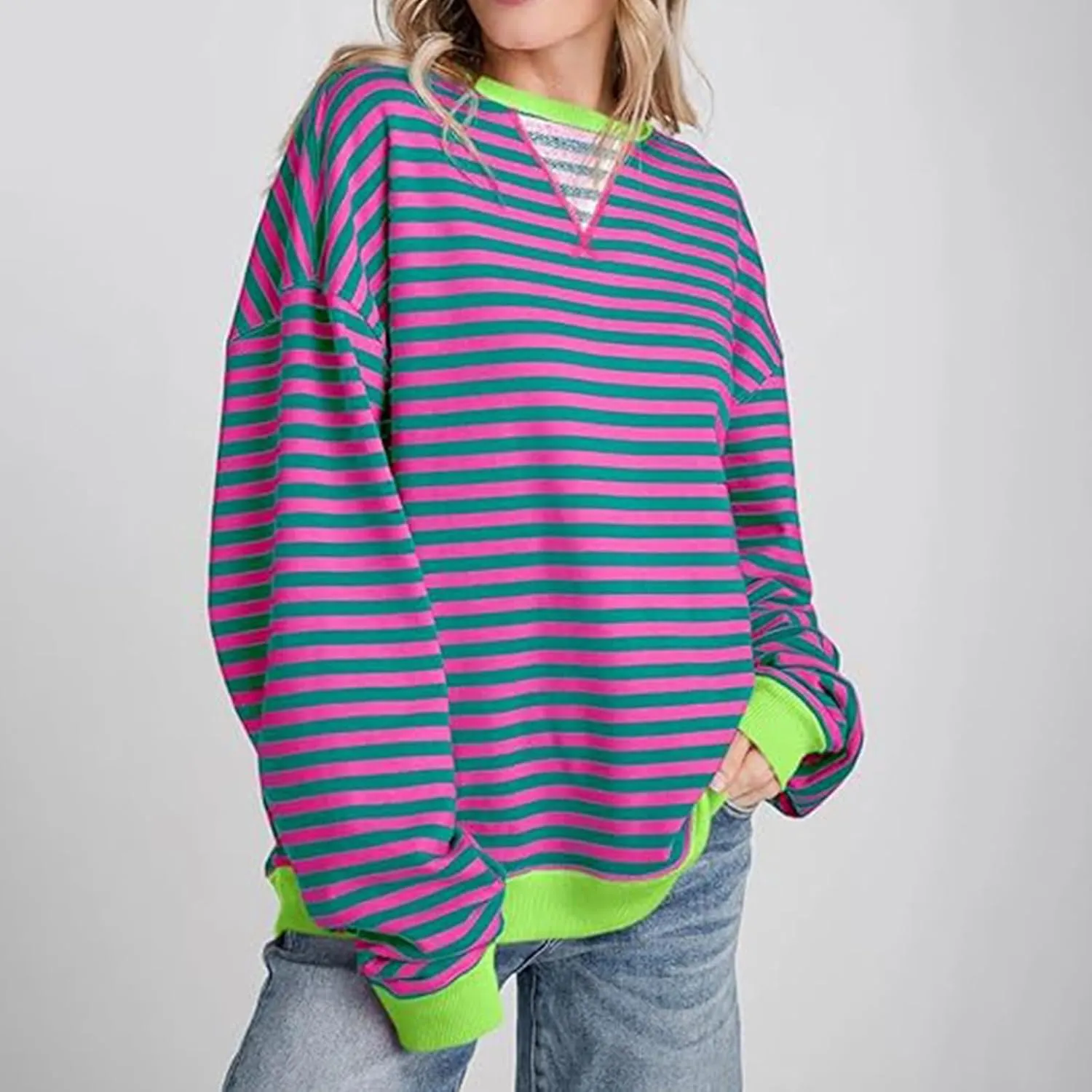 Fashion Tops for Women Trendy 2024 Spring Long Sleeve Shirts Causal Striped Crewneck Sweatshirt Trendy Preppy Clothes