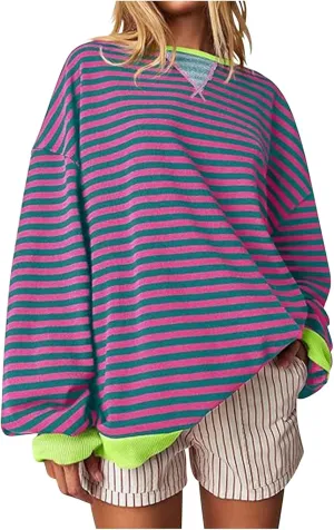 Fashion Tops for Women Trendy 2024 Spring Long Sleeve Shirts Causal Striped Crewneck Sweatshirt Trendy Preppy Clothes