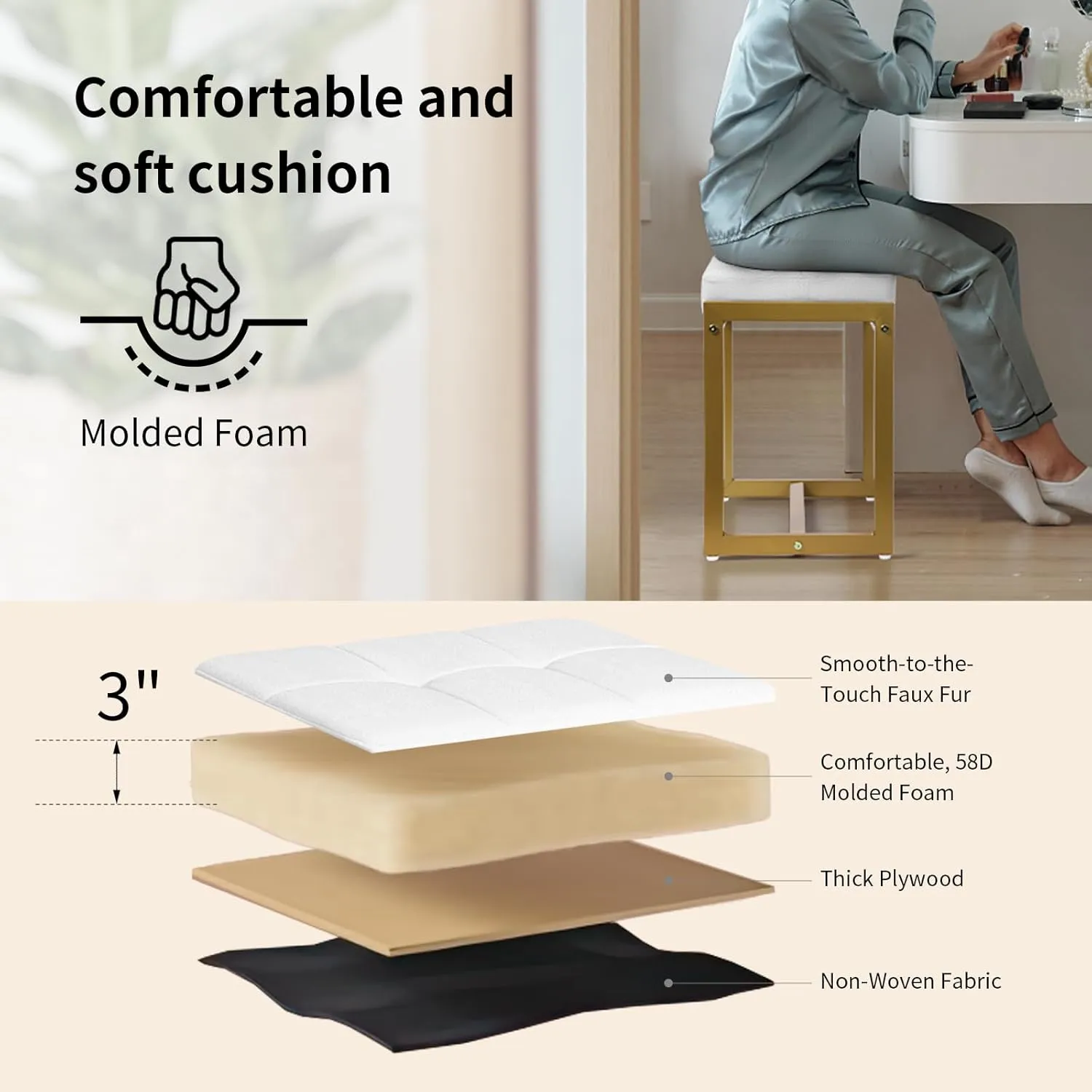 Faux Fur Vanity Stool Chair, Vanity Chair with Gold Metal Leg, Furry Soft Padded Makeup Footstools Seat Ottoman, Modern Chairs for Makeup, Bedroom, Square Small Stool Bench for Vanity White&Gold