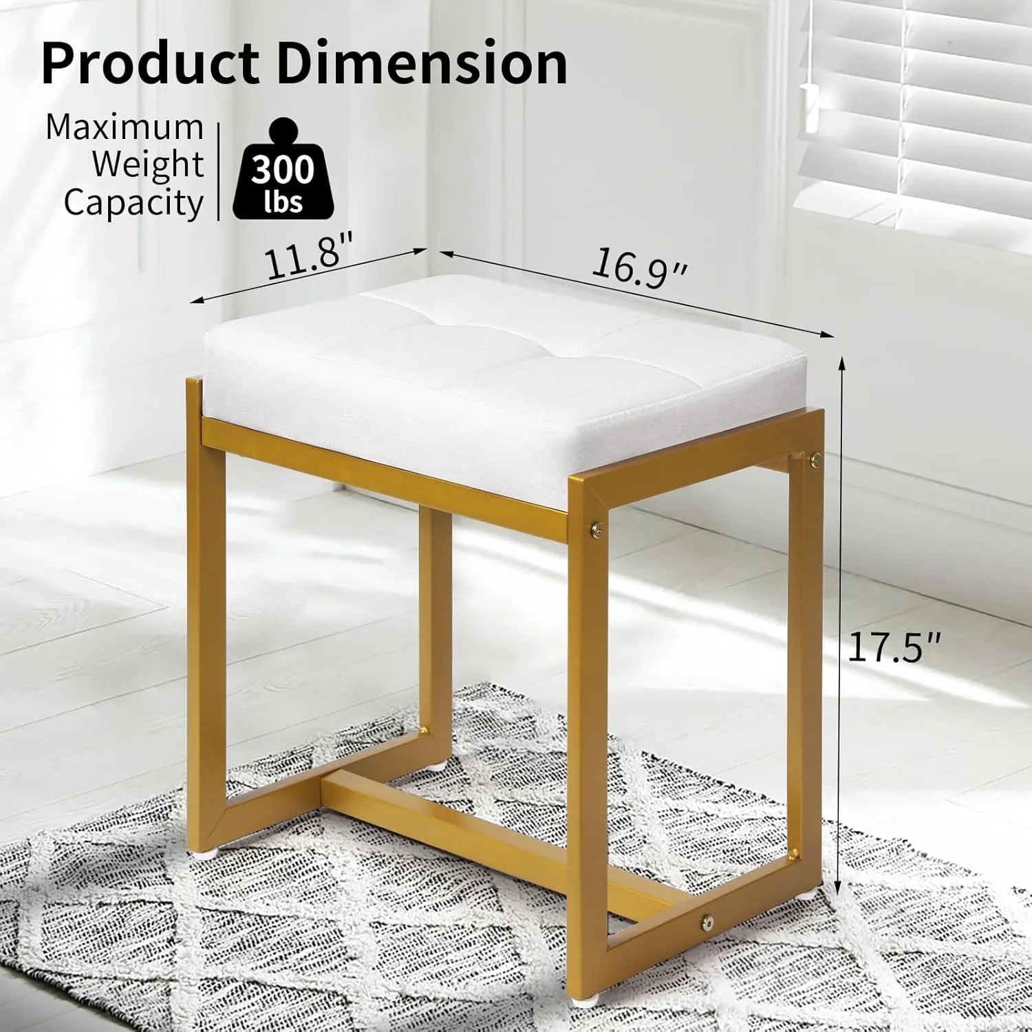 Faux Fur Vanity Stool Chair, Vanity Chair with Gold Metal Leg, Furry Soft Padded Makeup Footstools Seat Ottoman, Modern Chairs for Makeup, Bedroom, Square Small Stool Bench for Vanity White&Gold