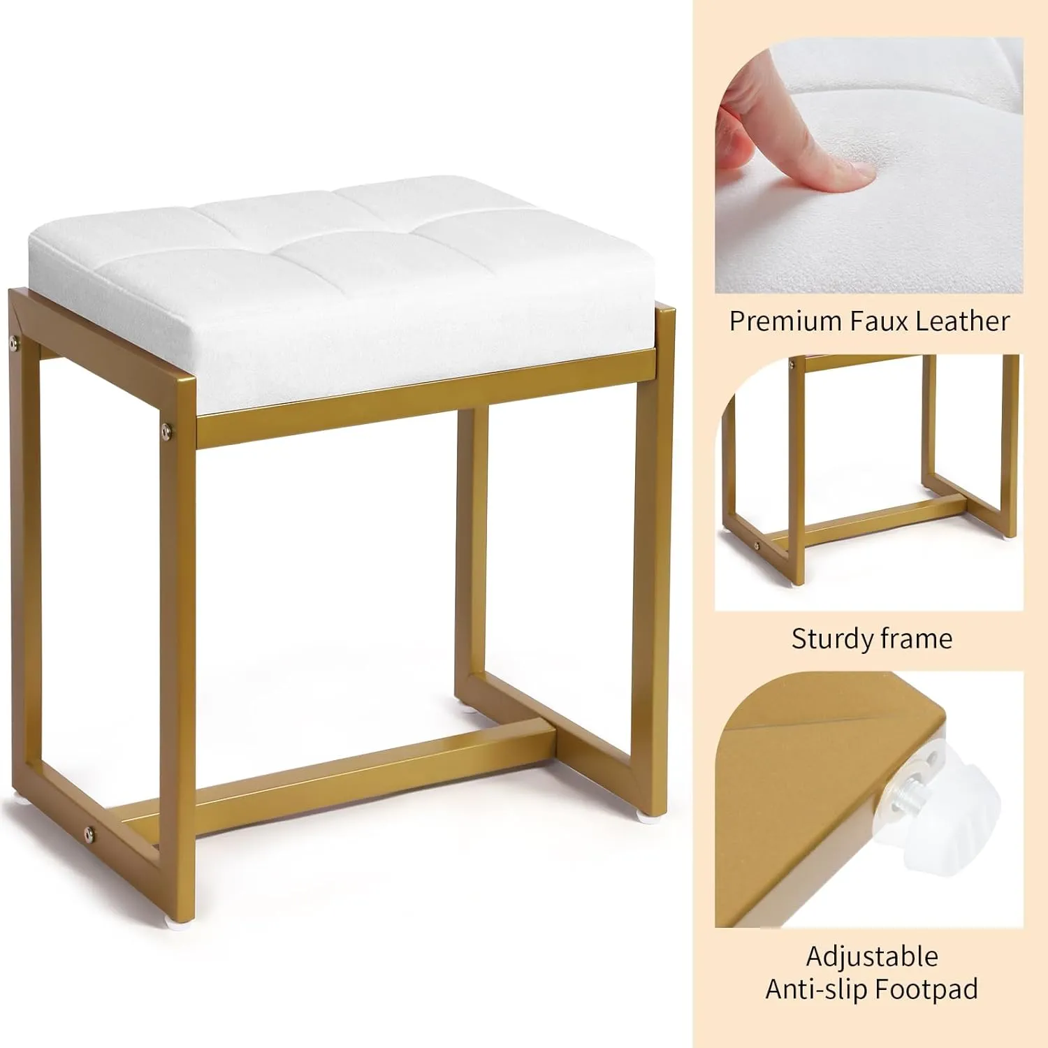 Faux Fur Vanity Stool Chair, Vanity Chair with Gold Metal Leg, Furry Soft Padded Makeup Footstools Seat Ottoman, Modern Chairs for Makeup, Bedroom, Square Small Stool Bench for Vanity White&Gold