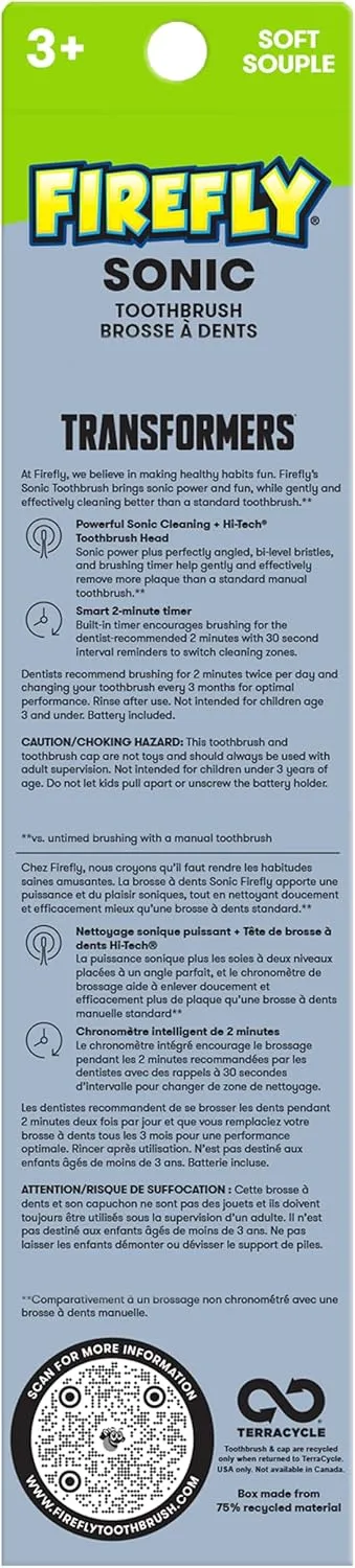 FIREFLY Transformers Sonic Toothbrush with 3D Cover, Soft, Ages 3 