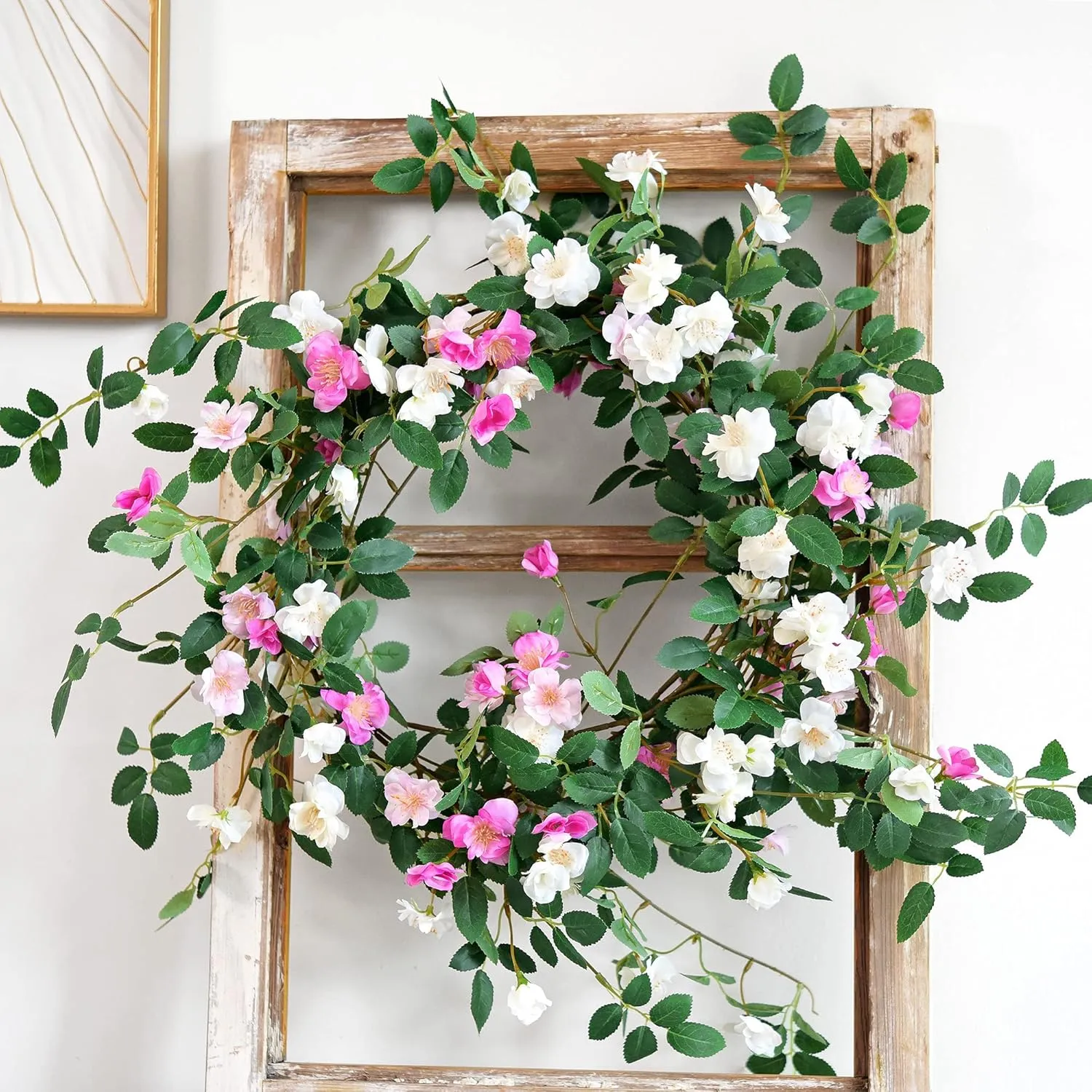 FiveSeasonStuff Bendable Shabby Chic White Flower Garlands, Artificial Silk Wild Roses Vine Leaves Hanging Flowers for Wall Decoration Basket Trellis Wedding Home 2 Pack 12 ft