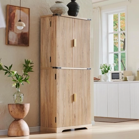 Fluted Pantry Cabinet, 72" Tall Modern Storage Cabinet with 4 Doors, Organizer, Drawer and Adjustable Shelves, Wood Cupboard for Kitchen, Dining Room, Living Room and Bathroom, Natural Oak