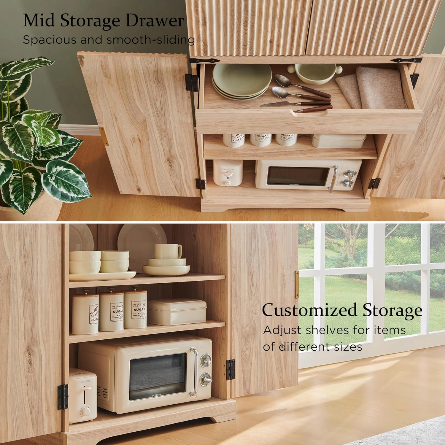 Fluted Pantry Cabinet, 72" Tall Modern Storage Cabinet with 4 Doors, Organizer, Drawer and Adjustable Shelves, Wood Cupboard for Kitchen, Dining Room, Living Room and Bathroom, Natural Oak
