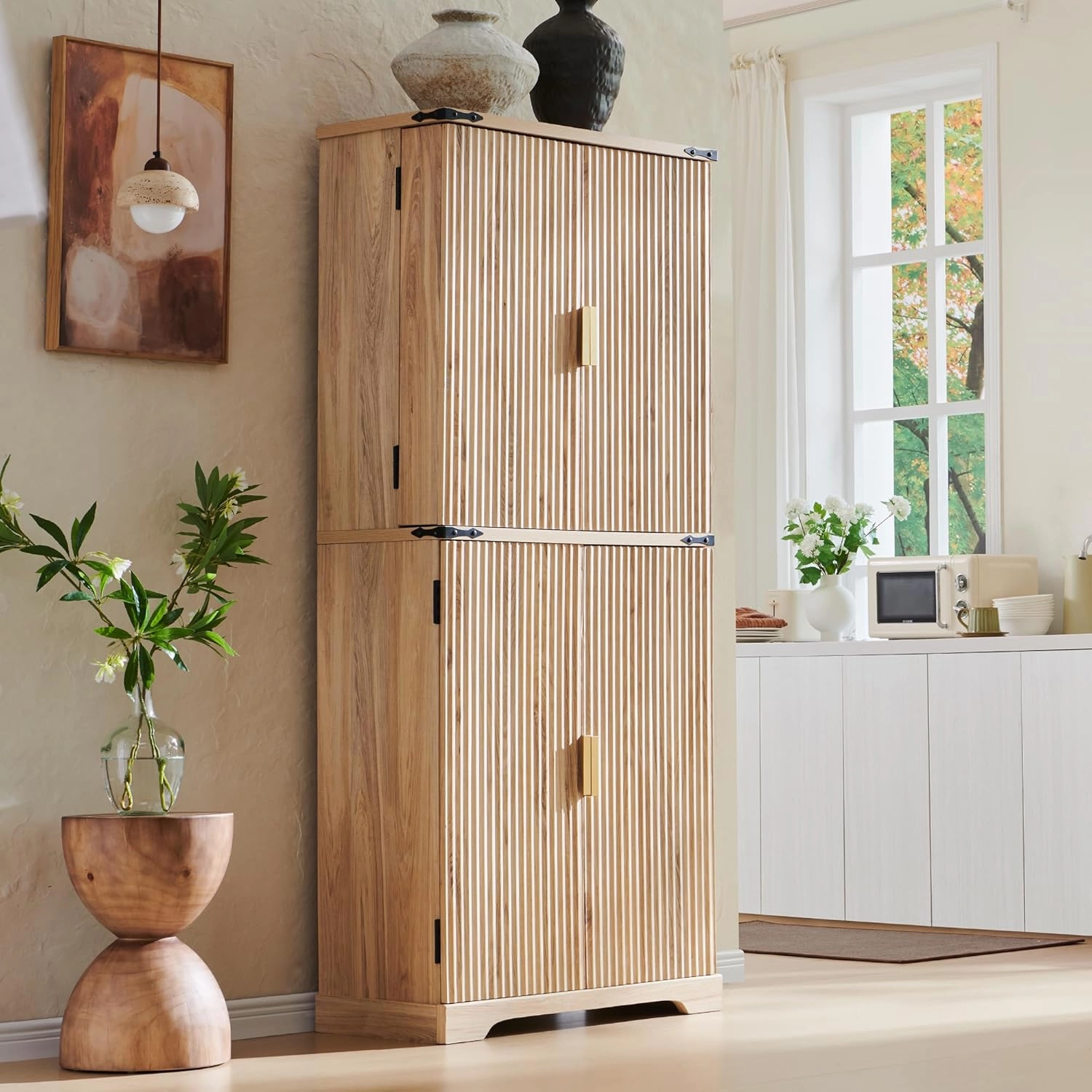 Fluted Pantry Cabinet, 72" Tall Modern Storage Cabinet with 4 Doors, Organizer, Drawer and Adjustable Shelves, Wood Cupboard for Kitchen, Dining Room, Living Room and Bathroom, Natural Oak
