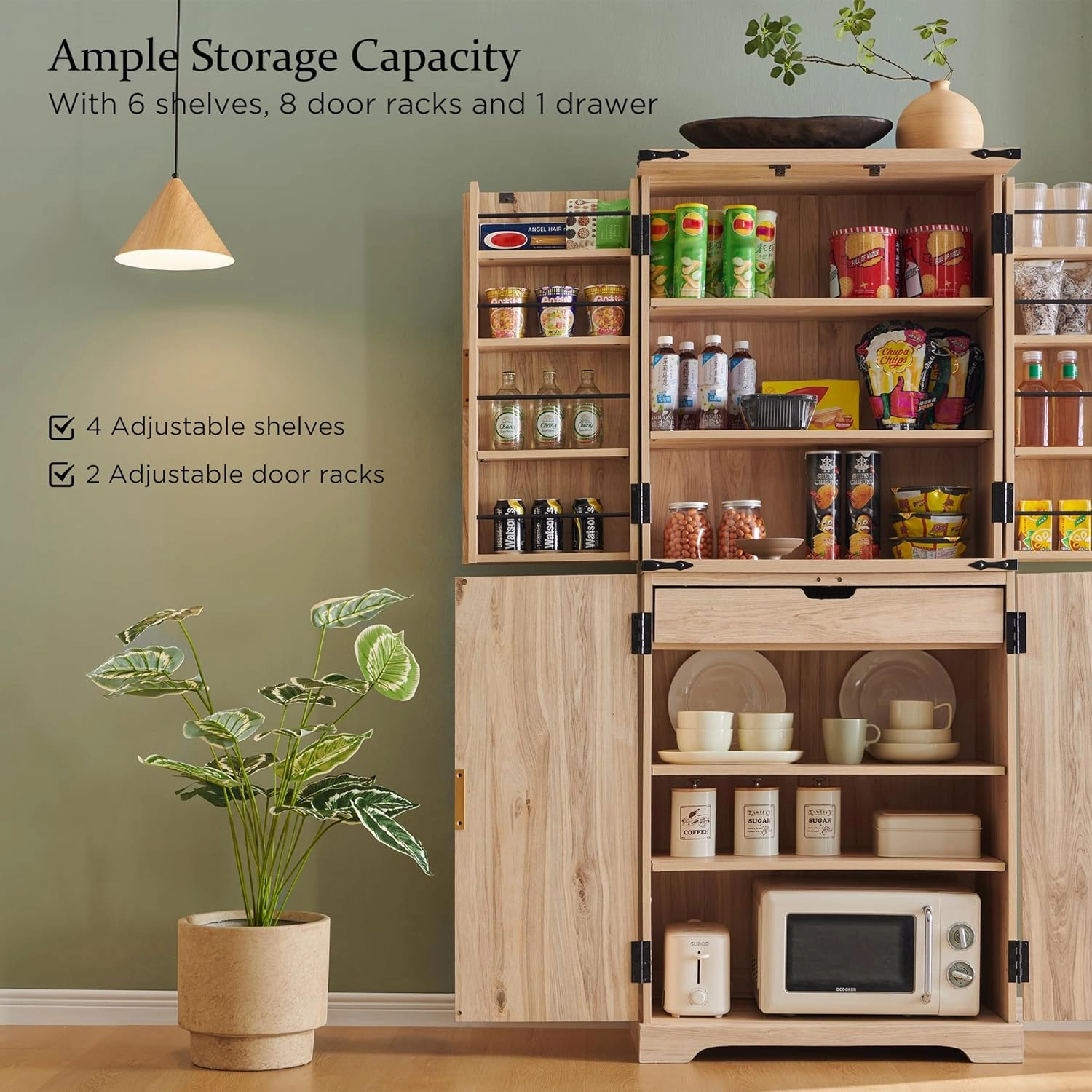 Fluted Pantry Cabinet, 72" Tall Modern Storage Cabinet with 4 Doors, Organizer, Drawer and Adjustable Shelves, Wood Cupboard for Kitchen, Dining Room, Living Room and Bathroom, Natural Oak