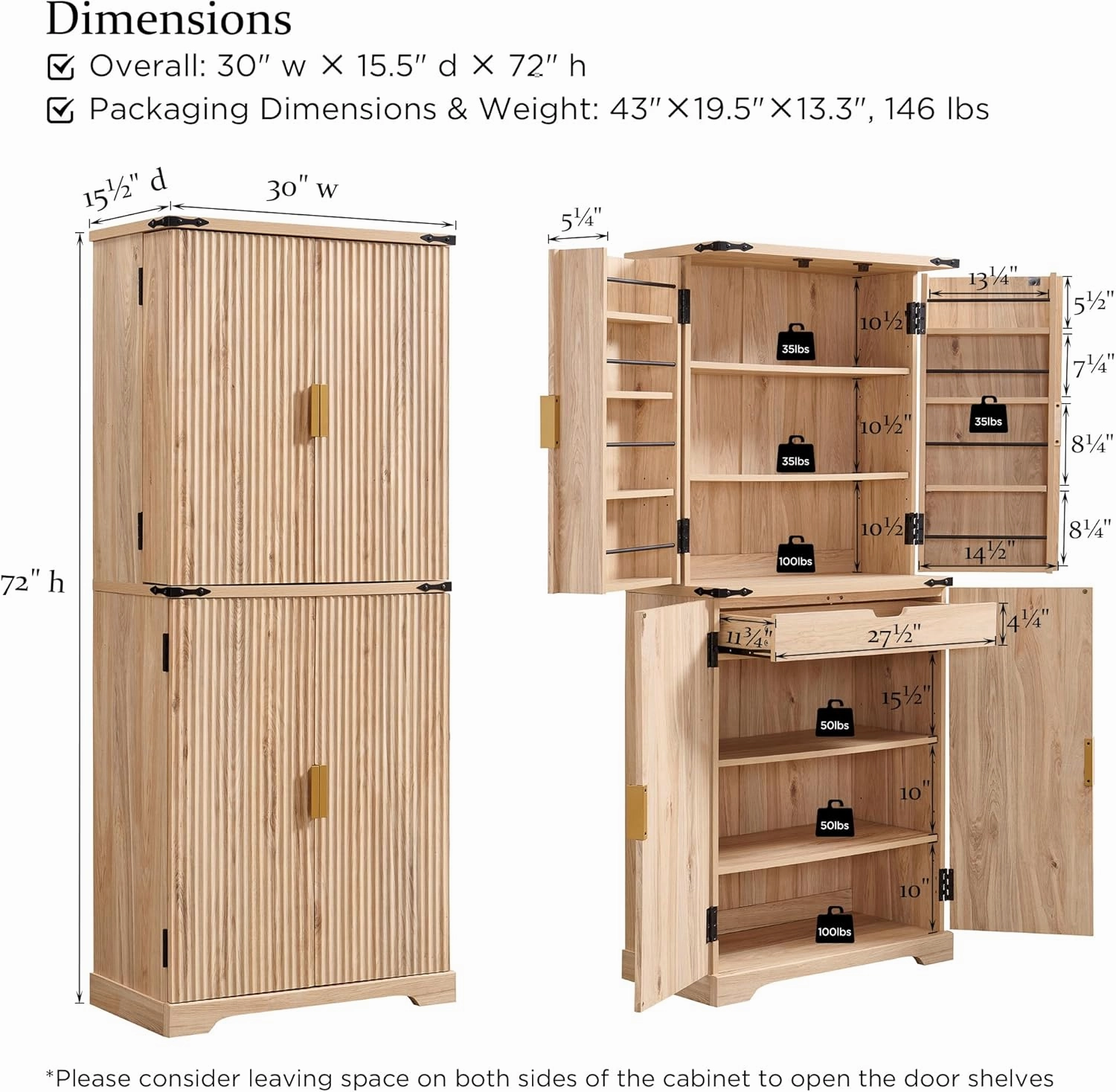 Fluted Pantry Cabinet, 72" Tall Modern Storage Cabinet with 4 Doors, Organizer, Drawer and Adjustable Shelves, Wood Cupboard for Kitchen, Dining Room, Living Room and Bathroom, Natural Oak