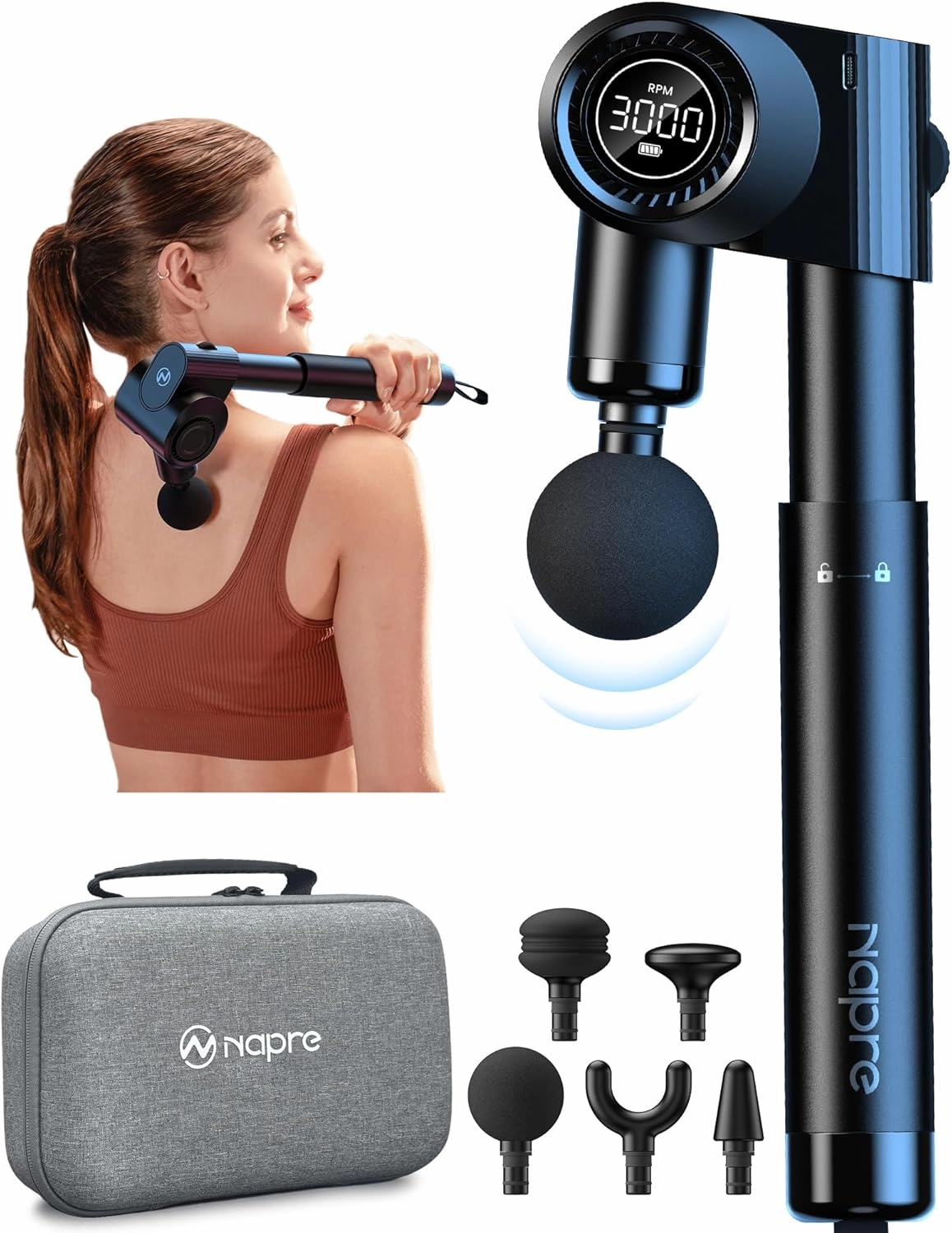 Foldable Massage Gun Deep Tissue with 5 Adjustable Angles,FSA HSA Eligible,Portable Percussion Back Massager for Muscle/Neck/Body Pain Relief with Long Extension Metal Handle,32-Speeds,with Carry Case