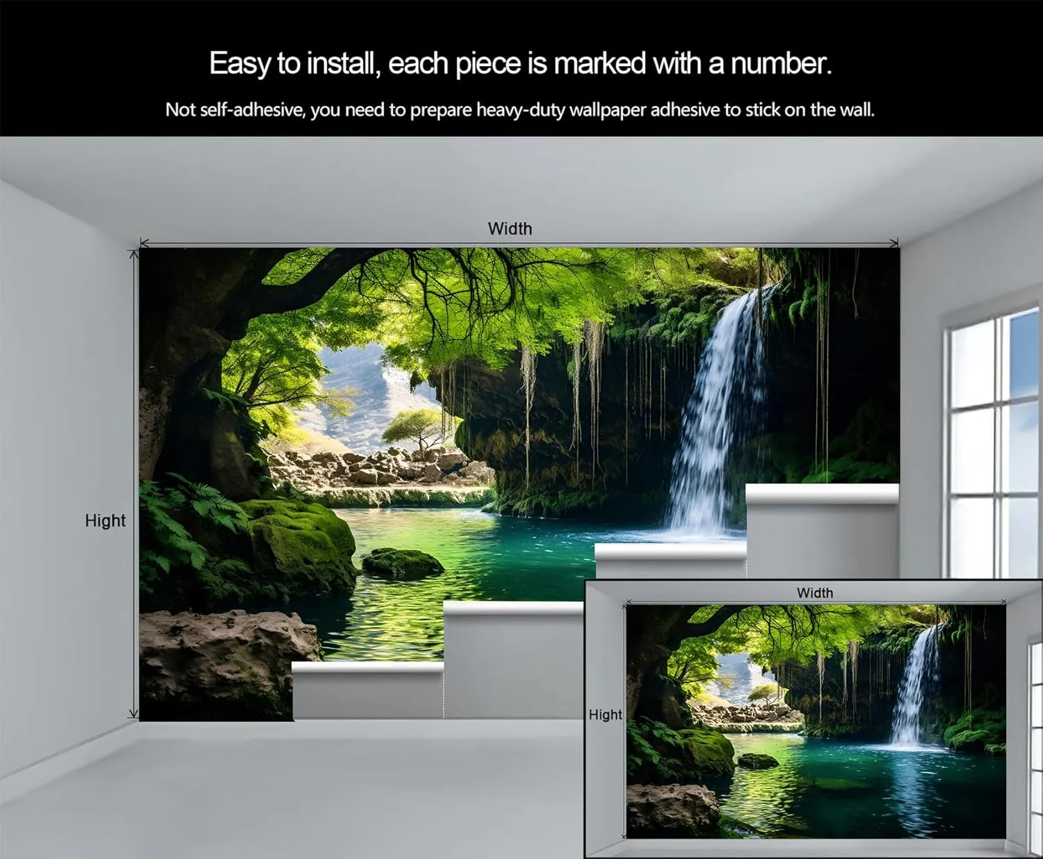 Forest Waterfall Wall Mural, Jungle Stream Wallpaper, Tropical Rainforest Waterfall 3D Wall Mural for Living Room Bedroom Study Large Wallpaper Wall Decor (Not Peel and Stick) - 98.4" W x68.9 H