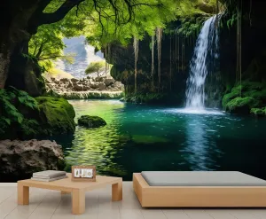 Forest Waterfall Wall Mural, Jungle Stream Wallpaper, Tropical Rainforest Waterfall 3D Wall Mural for Living Room Bedroom Study Large Wallpaper Wall Decor (Not Peel and Stick) - 98.4" W x68.9 H