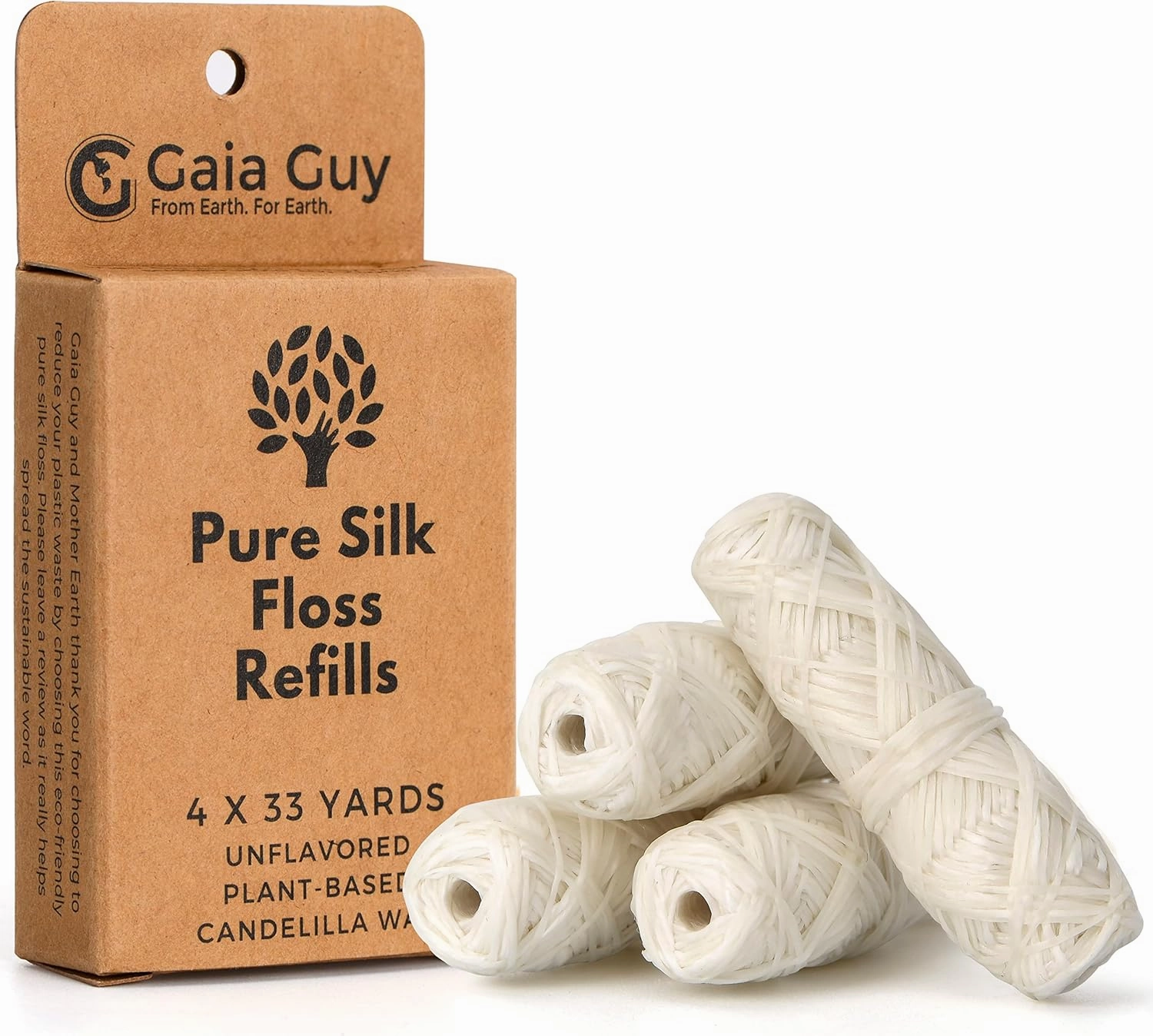 Gaia Guy Silk Dental Floss Refill | Unflavored Natural Silk | 4 spools x 33yds | Compostable, Sustainable & Biodegradable Silk Flossing Thread & Eco-Friendly Packaging