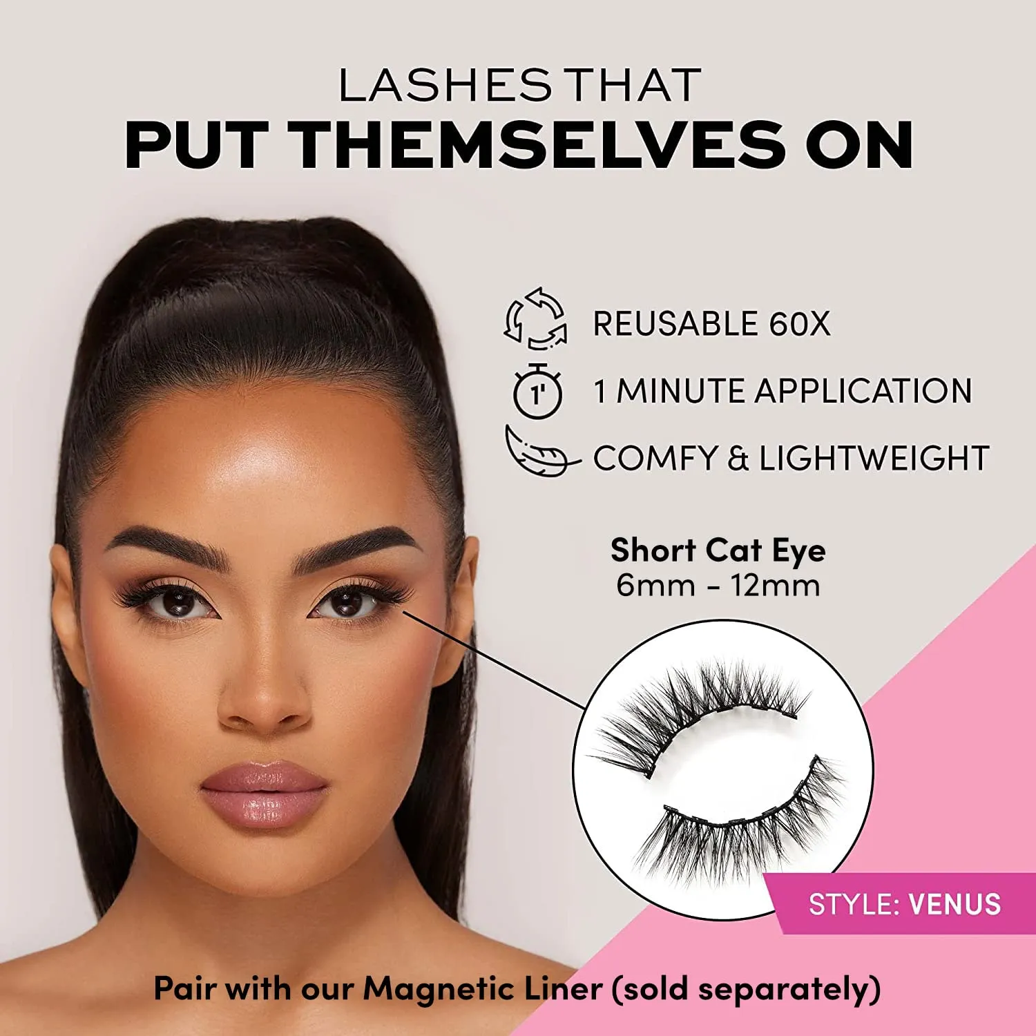 Glamnetic Magnetic Eyelashes - Venus | Short Magnetic Lashes, 60 Wears Reusable High Volume Faux Mink Lashes, Cat Eye, 3D Natural Look - 1 Pair