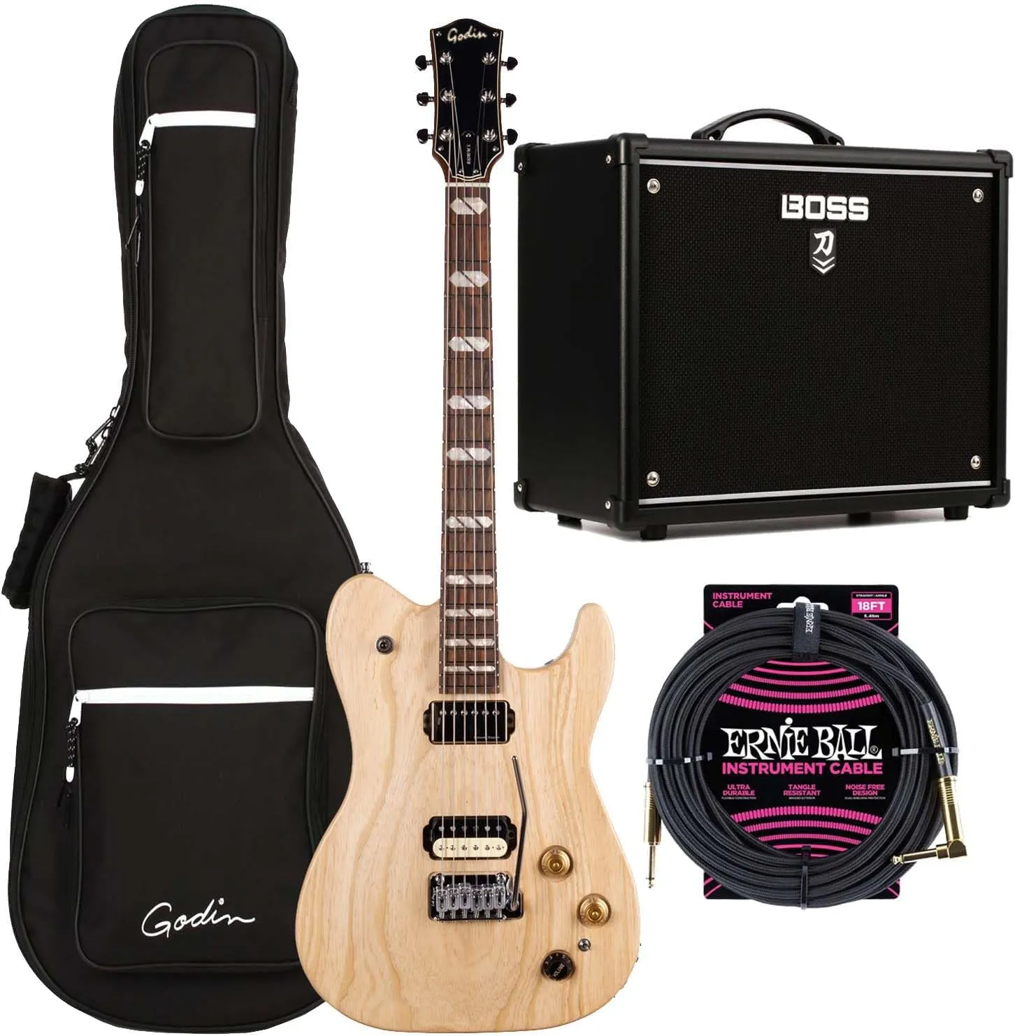 Godin (051489) Radium-X Electric Guitar, Natural, Boss Katana-50 MkII, ErnieBall 1/4 Cable Bundle
