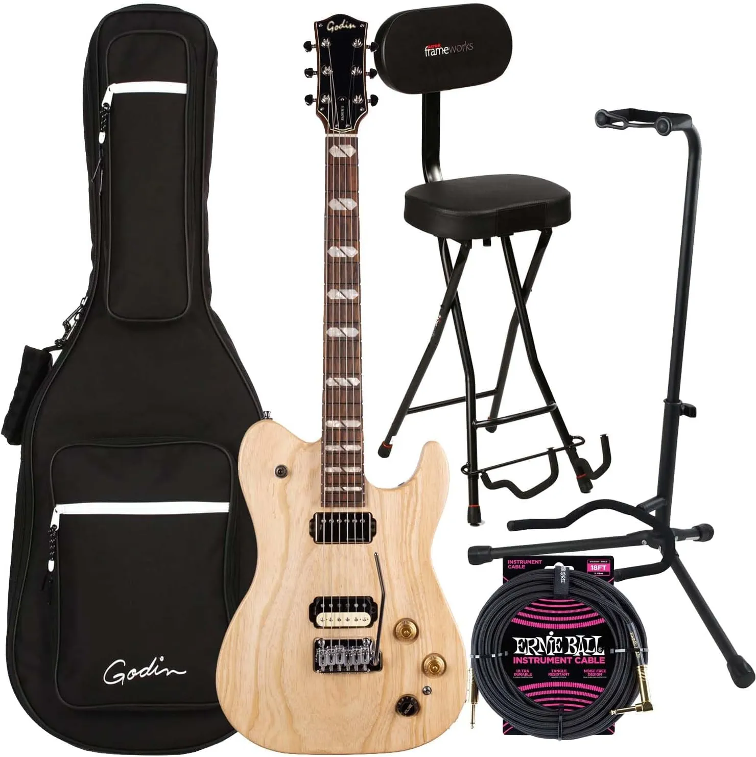 Godin (051489) Radium-X Electric Guitar, Natural, GFW-GTR-SEAT, Stand, ErnieBall 1/4 Cable Bundle