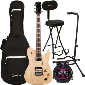 Godin (051489) Radium-X Electric Guitar, Natural, GFW-GTR-SEAT, Stand, ErnieBall 1/4 Cable Bundle