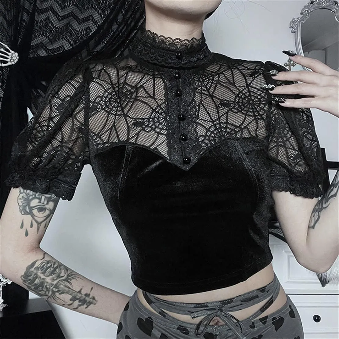 Gothic Crop Top for Women Goth Fairy Grunge Tank Tops Punk T-Shirt Streetwear Workout Tees Emo Blouse